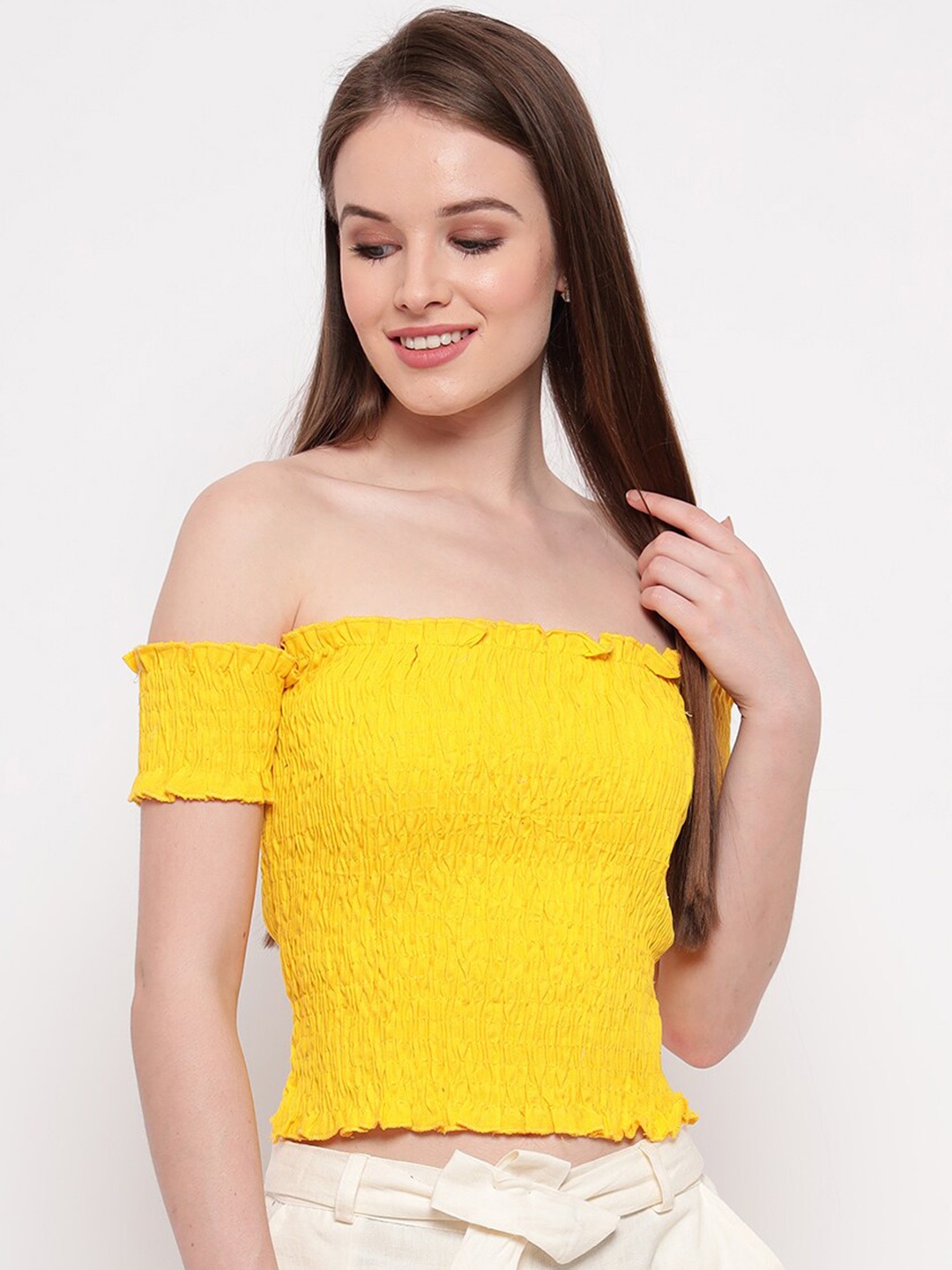 

BAESD Self Design Off Shoulder Smocked Fitted Crop Top, Yellow