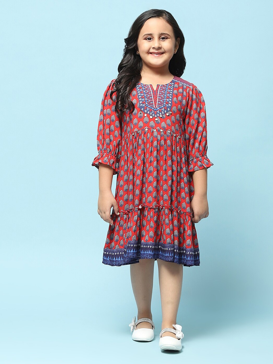 

Biba Girls Ethnic Motifs Printed Embellished A-Line Midi Dress, Rust
