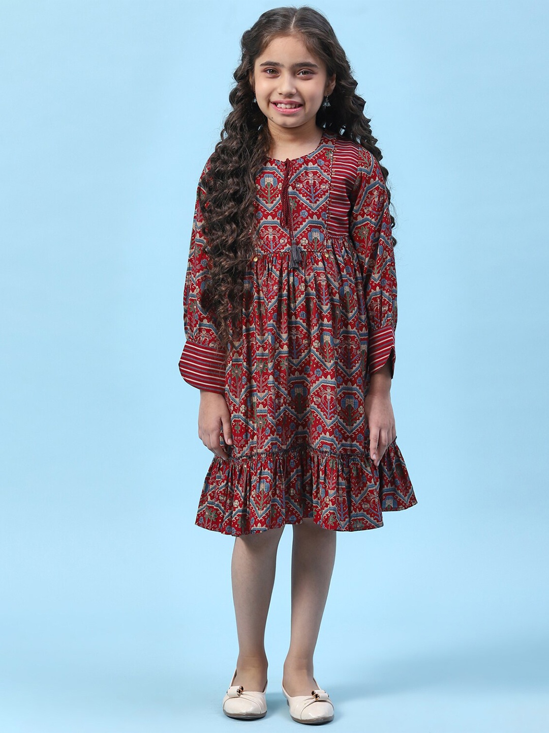 

Biba Girls Floral Printed Puff Sleeves Silk A-Line Dress, Maroon