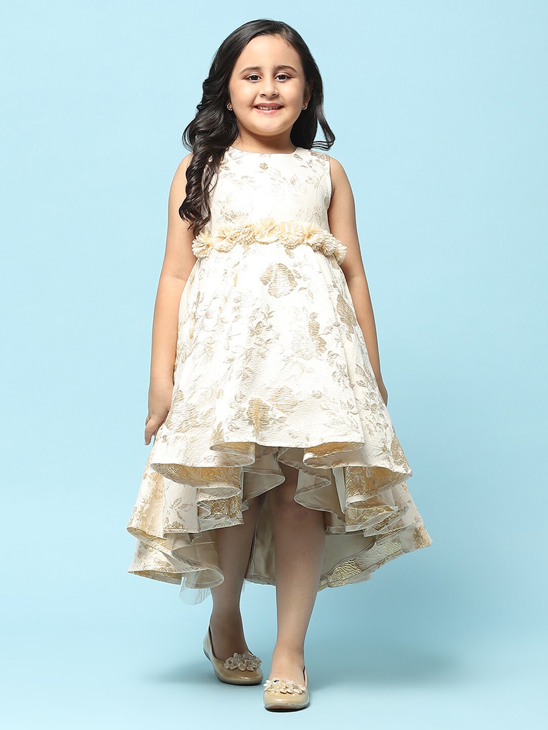

Biba Girls Self Design Sleeveless Floral Applique Fit & Flare Dress, Beige