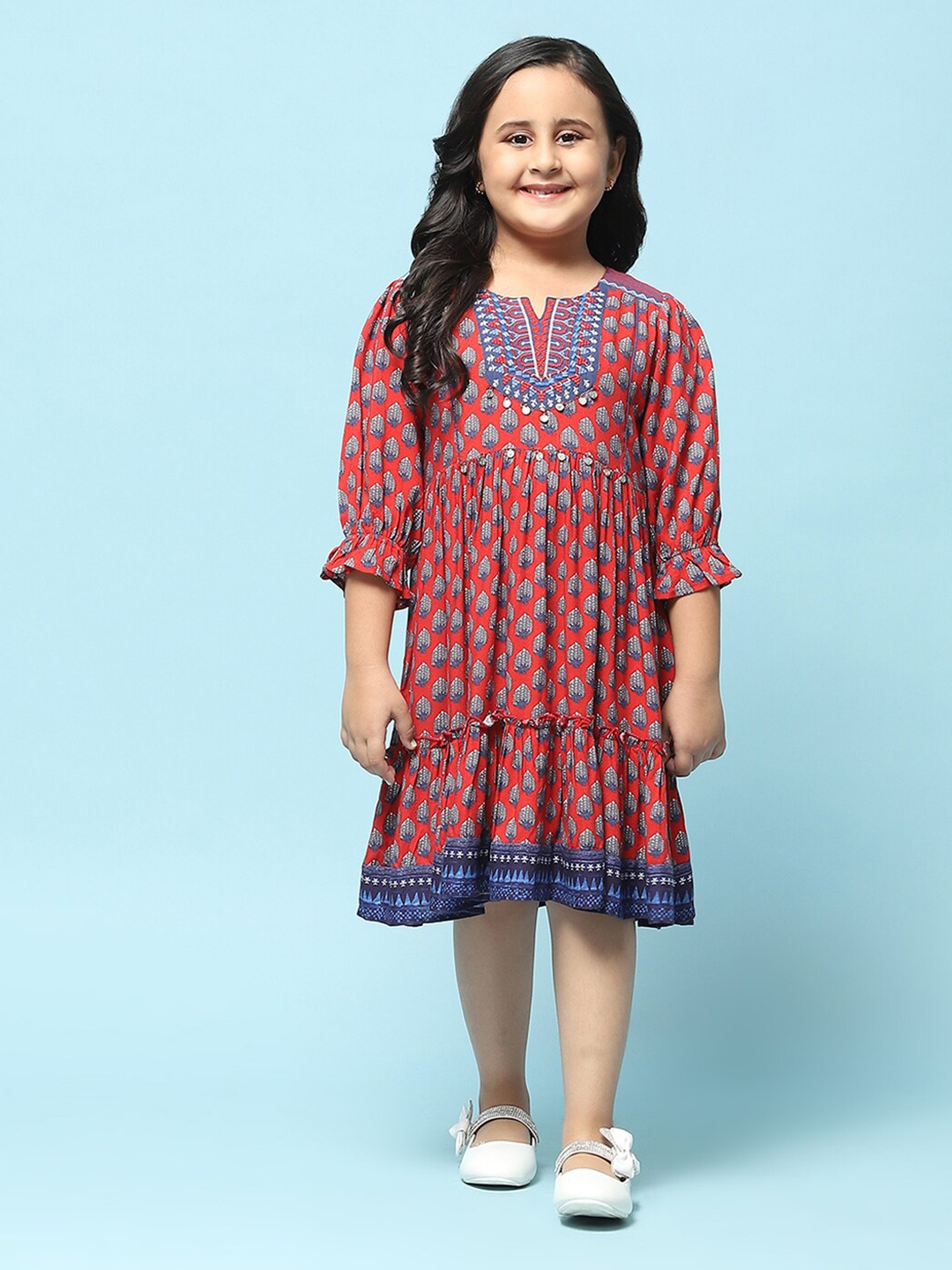 

Biba Girls Ethnic Motifs Printed Puff Sleeve Fit & flare Dress, Rust