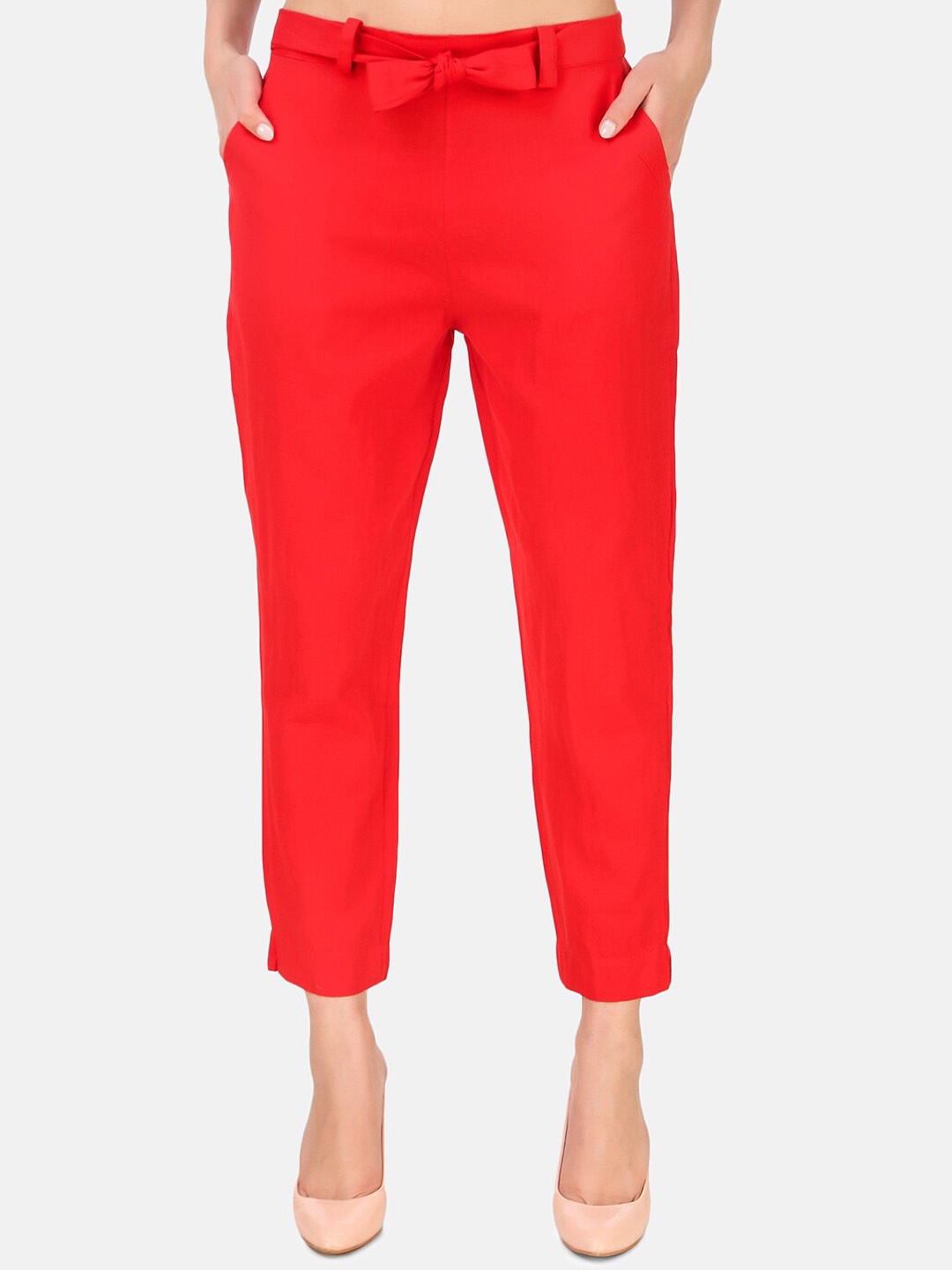 

BAESD Women High Rise Cotton Cigarette Trousers, Red