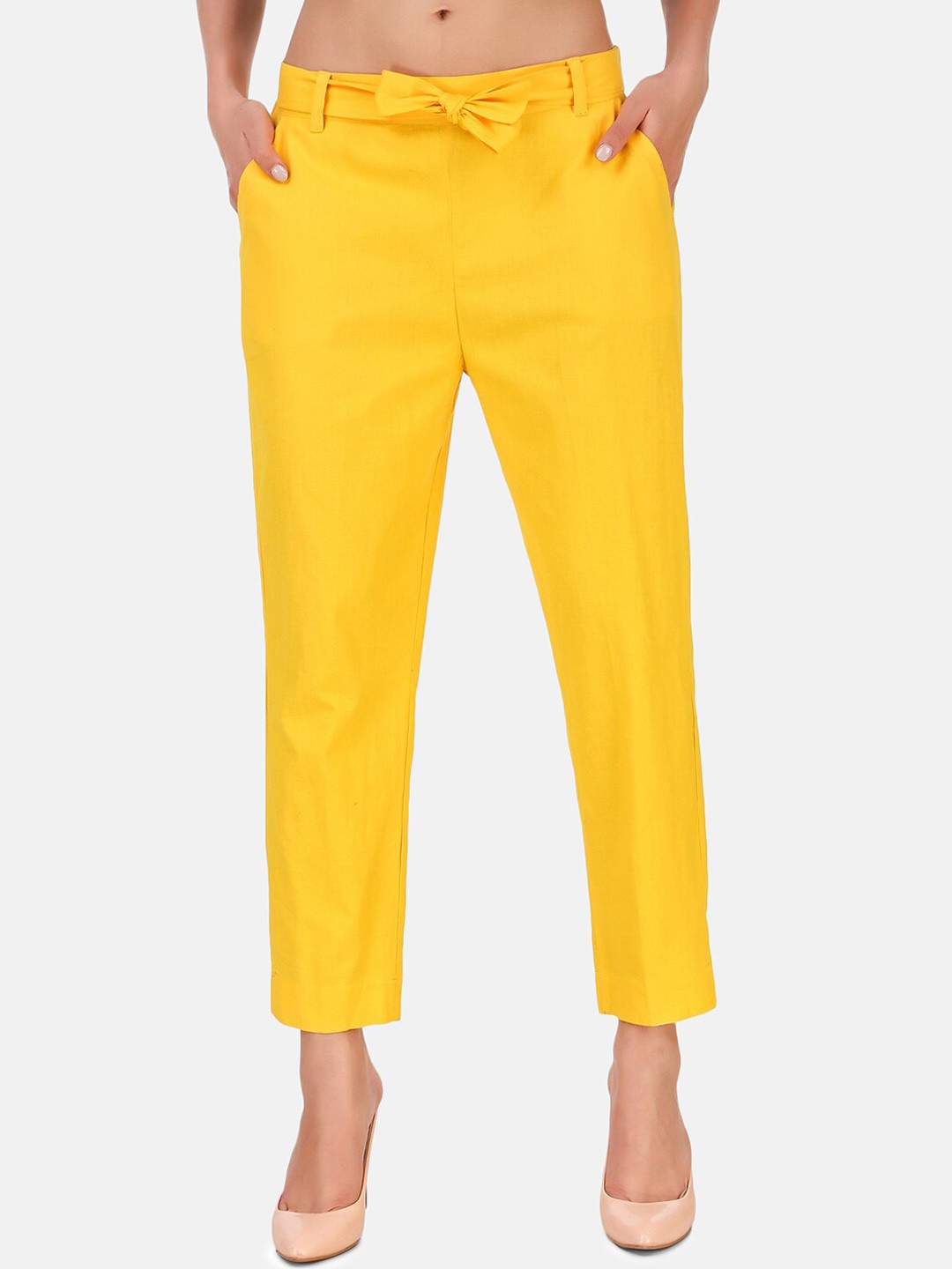 

BAESD Women High Rise Cotton Cigarette Trousers, Yellow