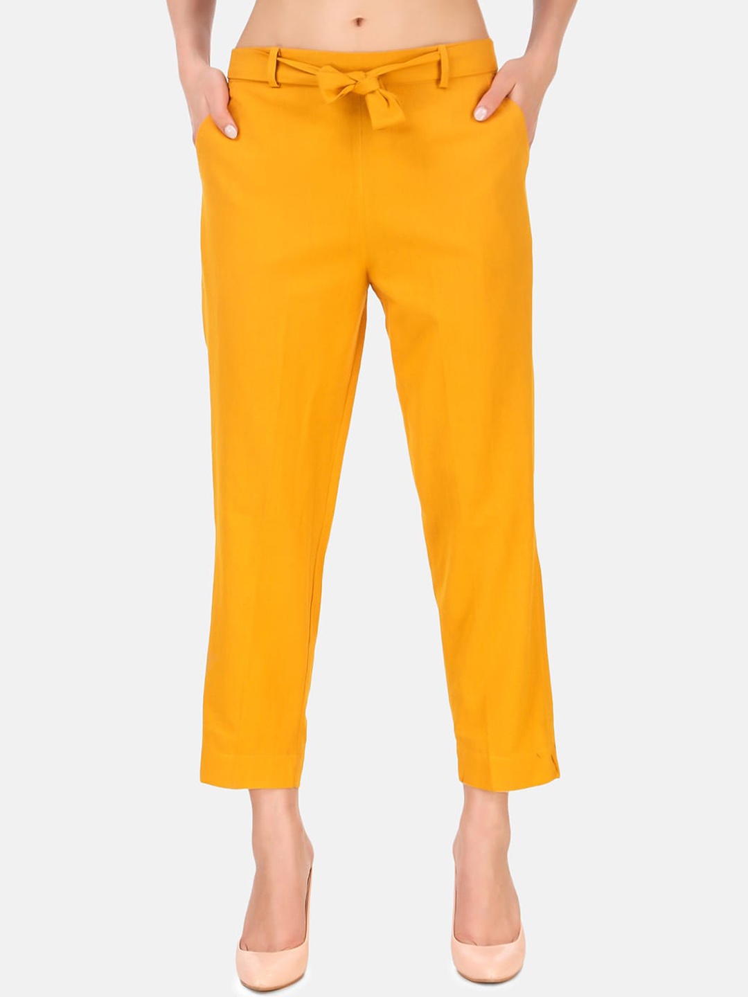 

BAESD Women Mid-Rise Cropped Trouser With Belt, Mustard