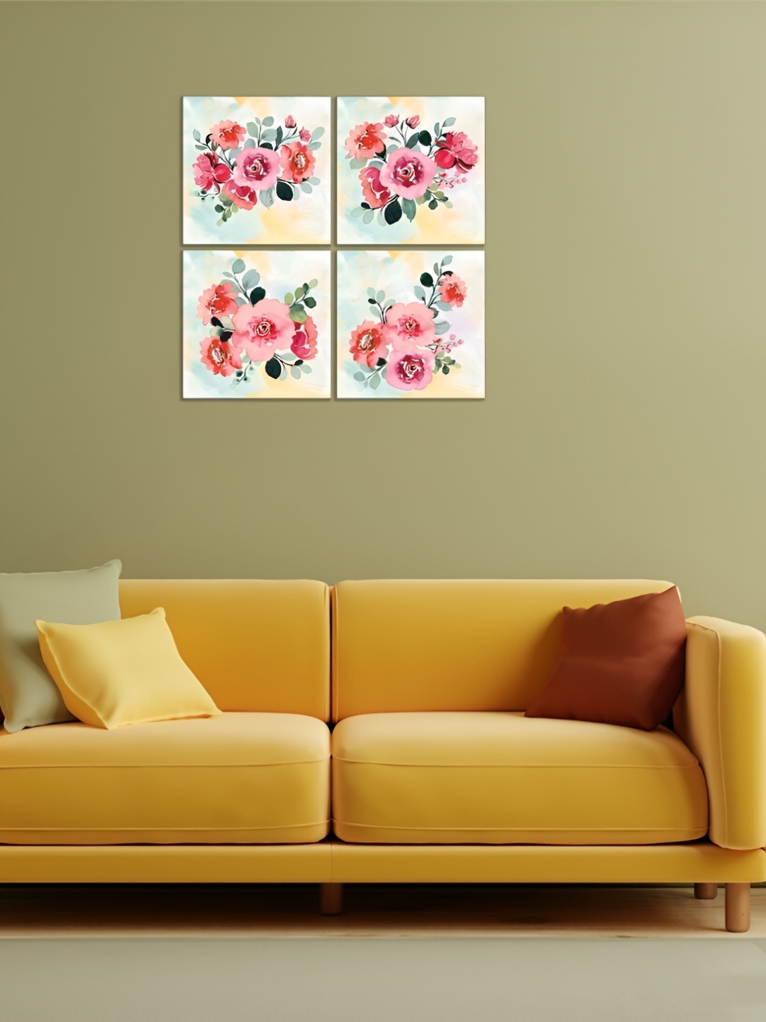 

CVANU Green& Pink 4Pcs Floral& Botanical Canvas Wall Paintings