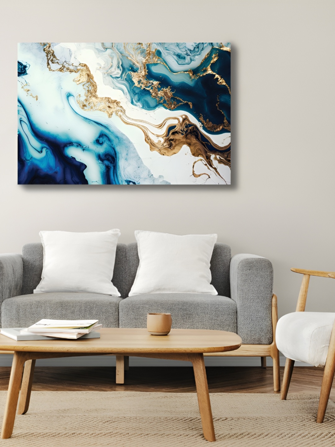 

CVANU White & Blue Canvas Abstract Painting Wall Art