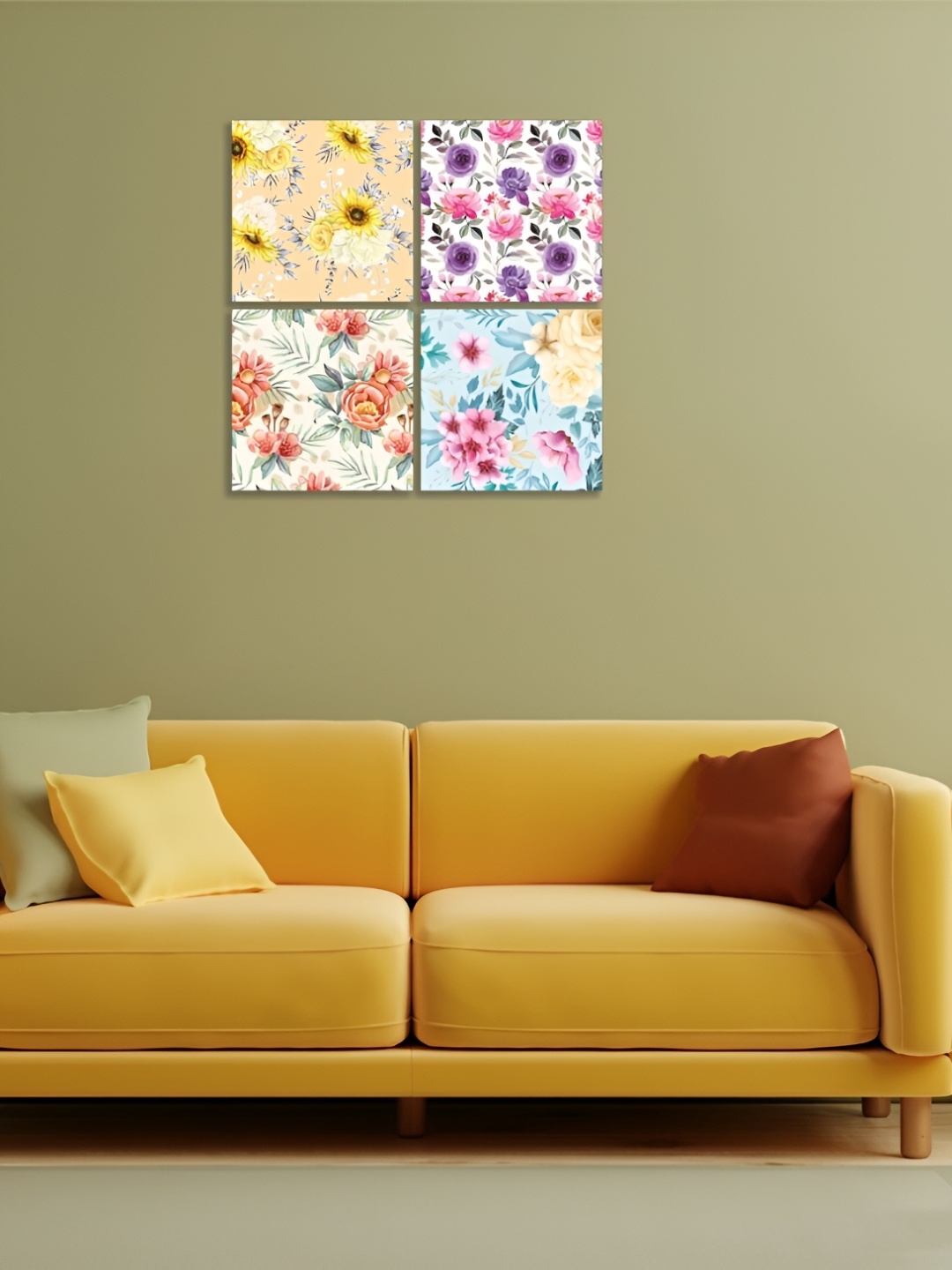 

CVANU White & Yellow 4 Pieces Canvas Floral Paintings Wall Art