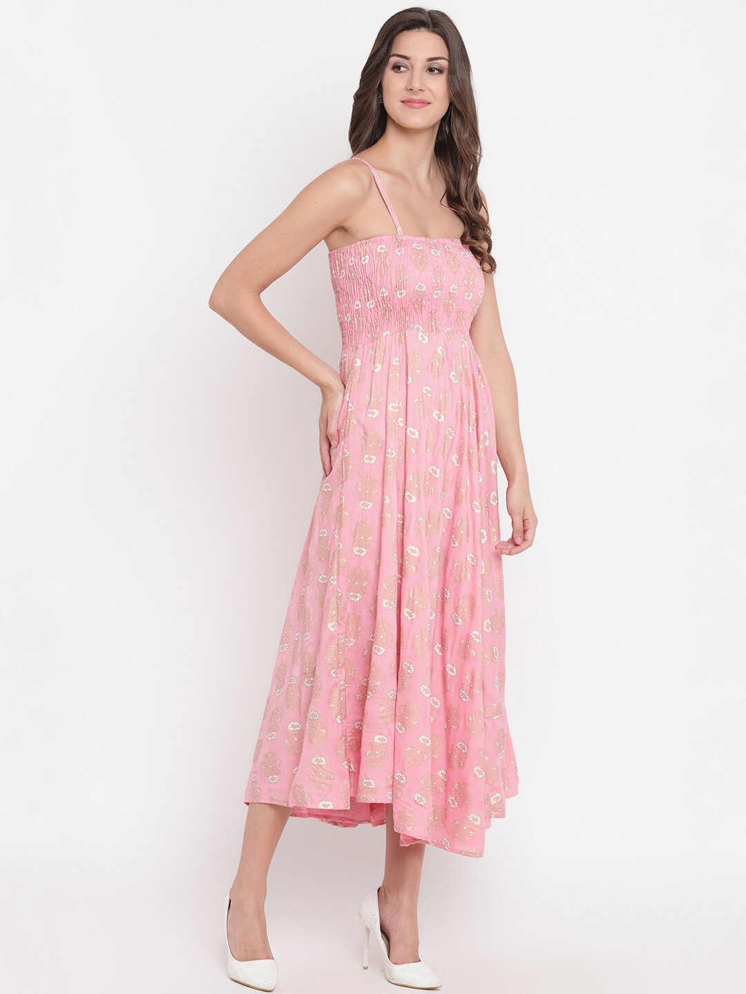 

BAESD Printed Smocked A-line Midi Dress, Pink