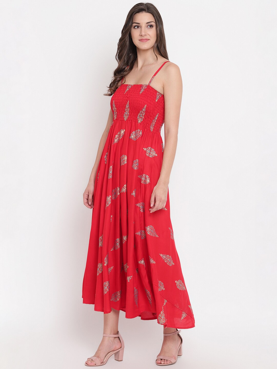 

BAESD Printed Smocked Cotton A-line Midi Dress, Red