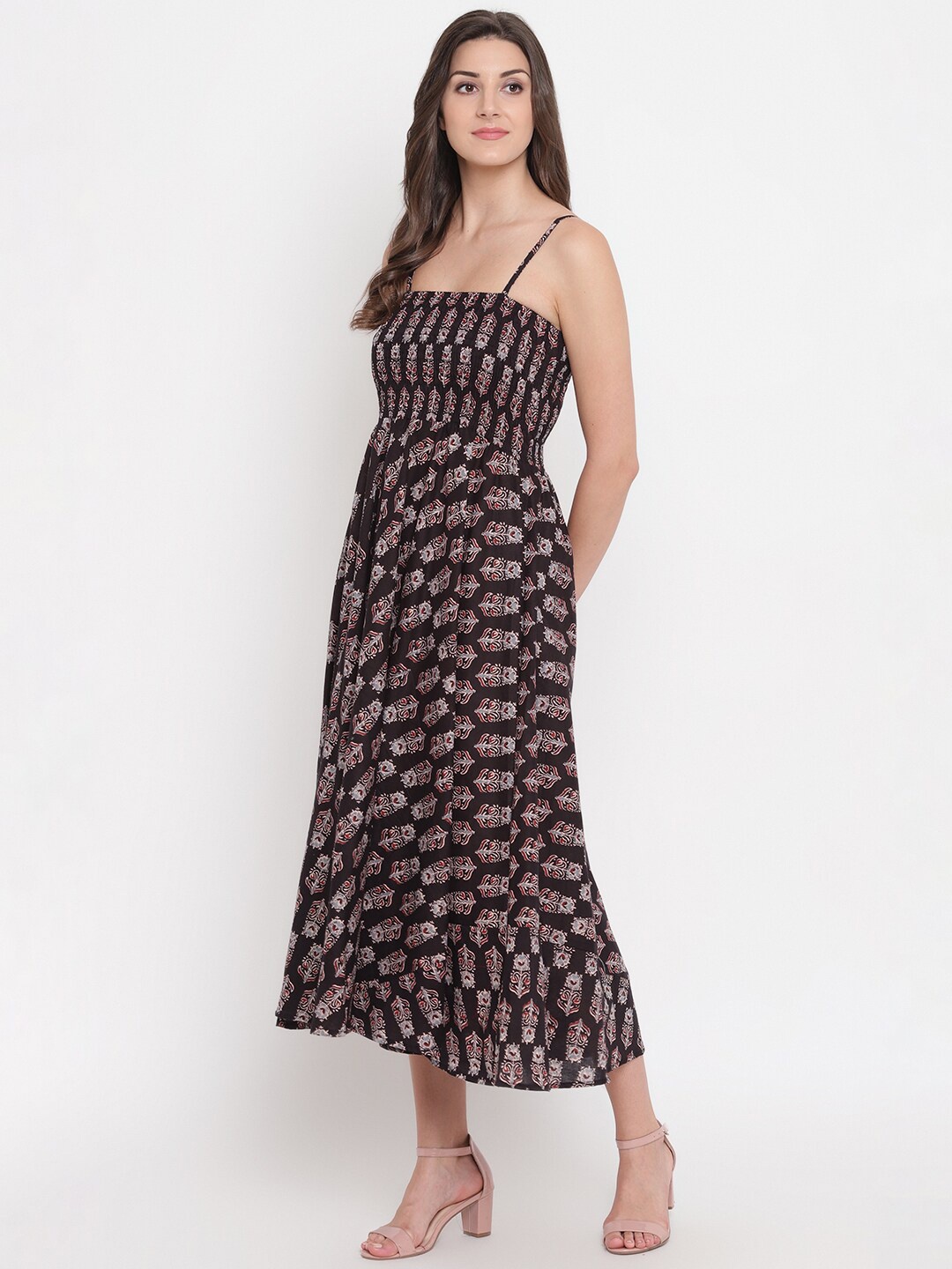 

BAESD Printed Smocked A-line Midi Dress, Black