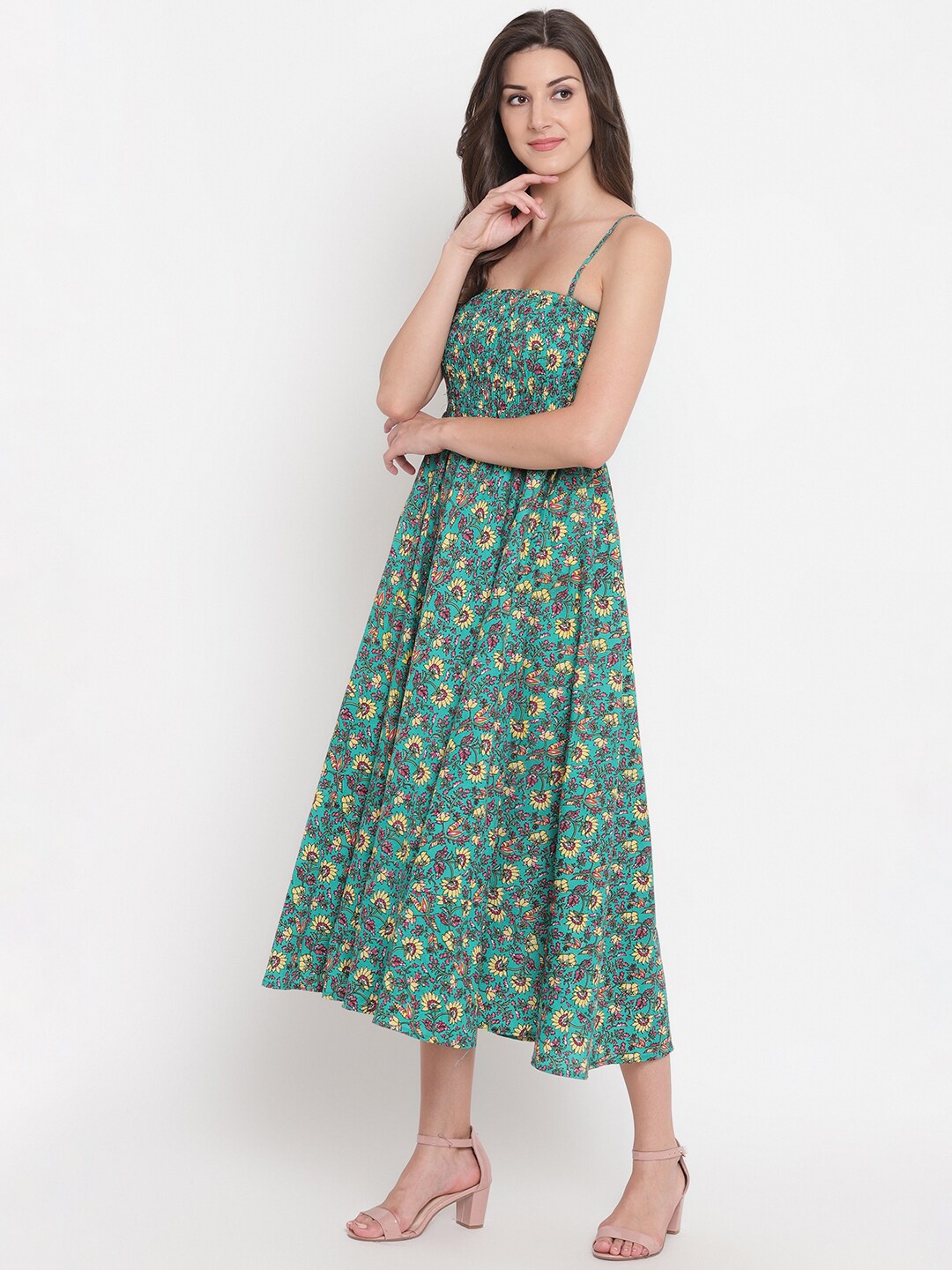 

BAESD Floral Printed Shoulder Straps Cotton Fit & Flare Midi Dress, Green