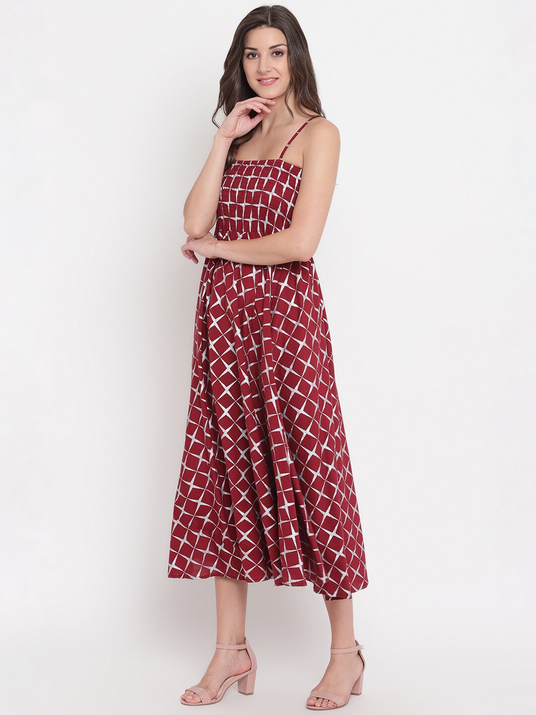 

BAESD Geometric Printed Shoulder Straps Smocked Cotton Fit & Flare Midi Dress, Maroon