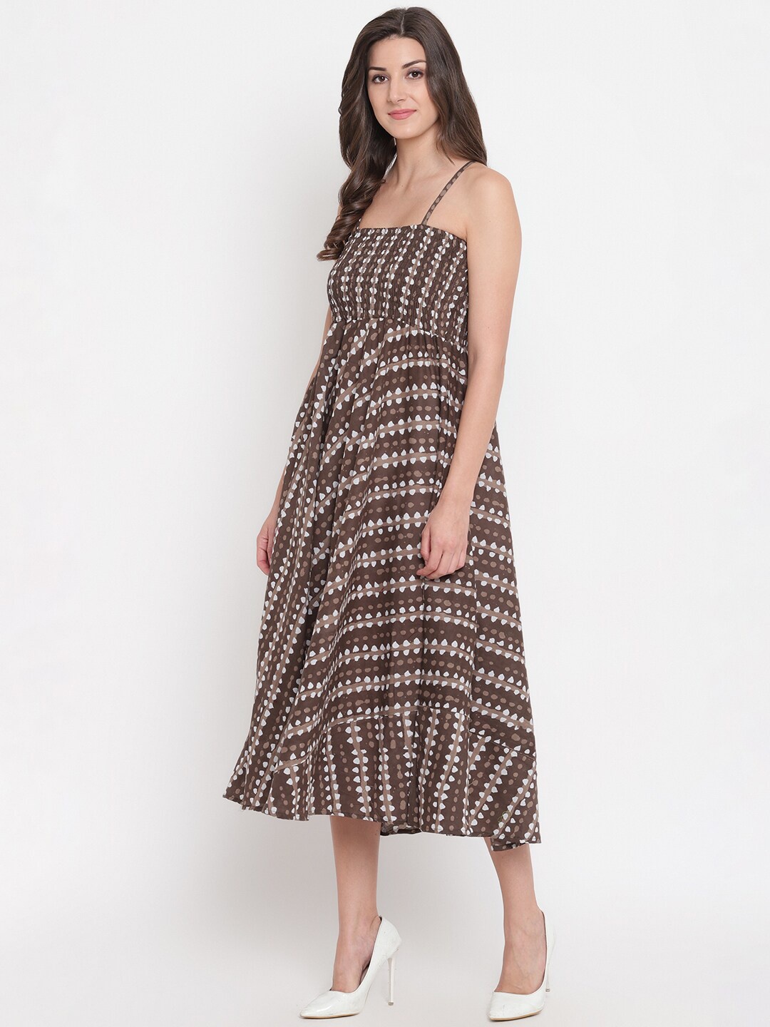 

BAESD Abstract Printed Shoulder Straps Smocked Cotton Fit & Flare Midi Dress, Brown
