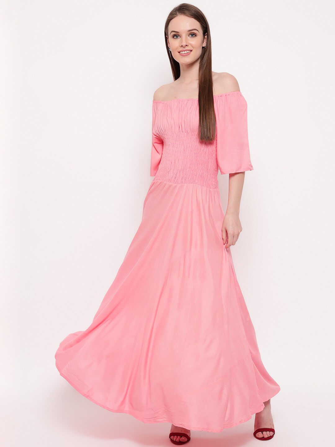 

BAESD Off-Shoulder Flared Sleeves Smocked Cotton Maxi Dress, Pink