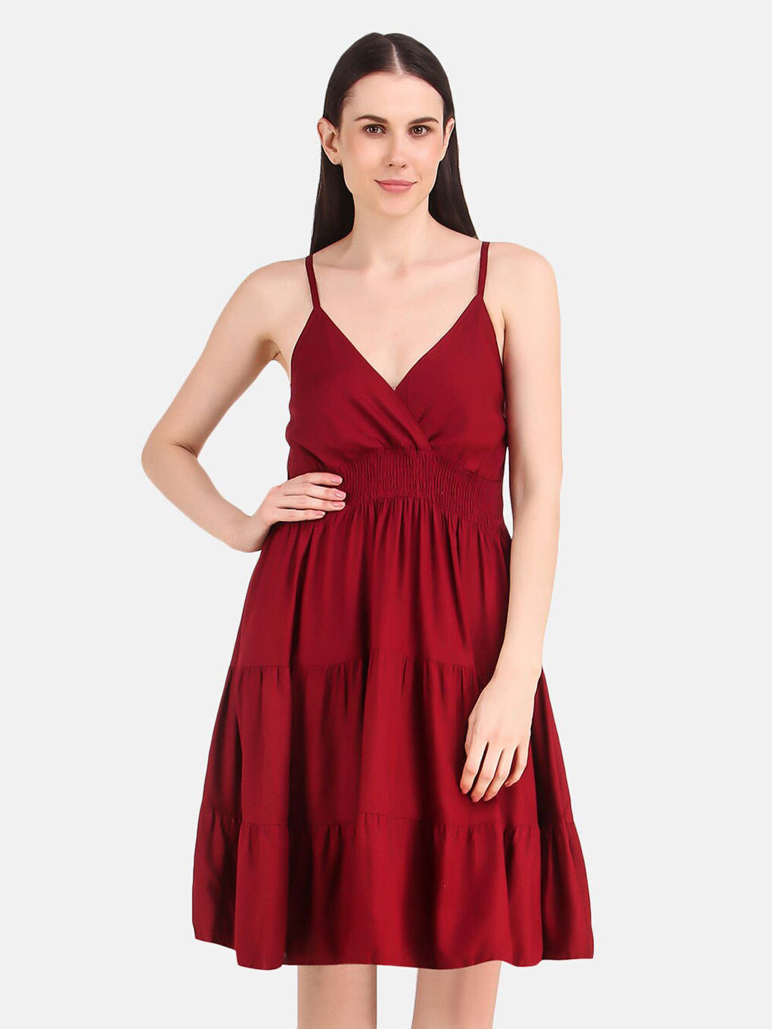 

BAESD Shoulder Straps Sleeveless Gathered Tiered Fit & Flare Dress, Maroon