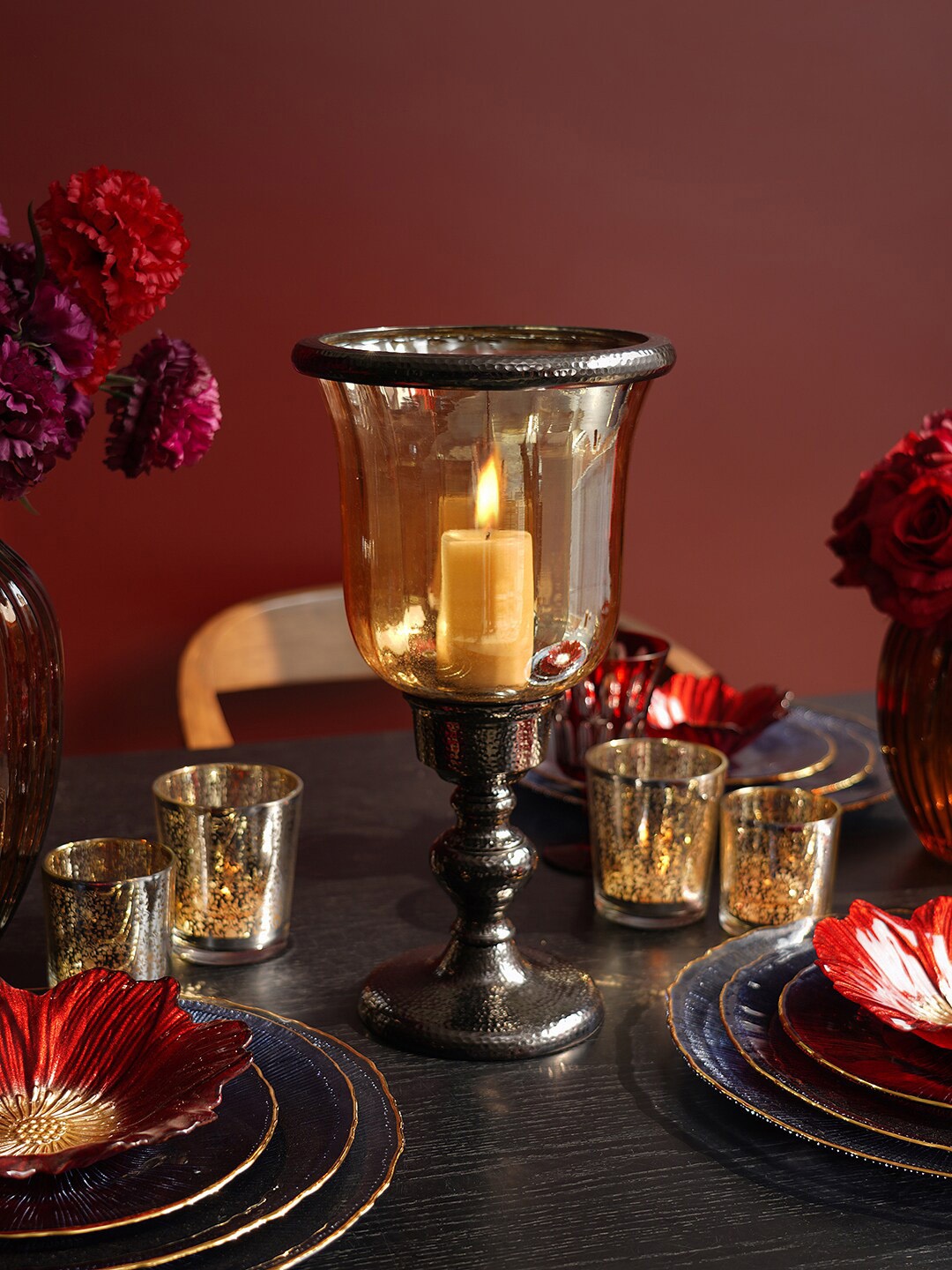 

Pure Home and Living Gold-Toned & Black Antique Glass Hurricane Candle Holders