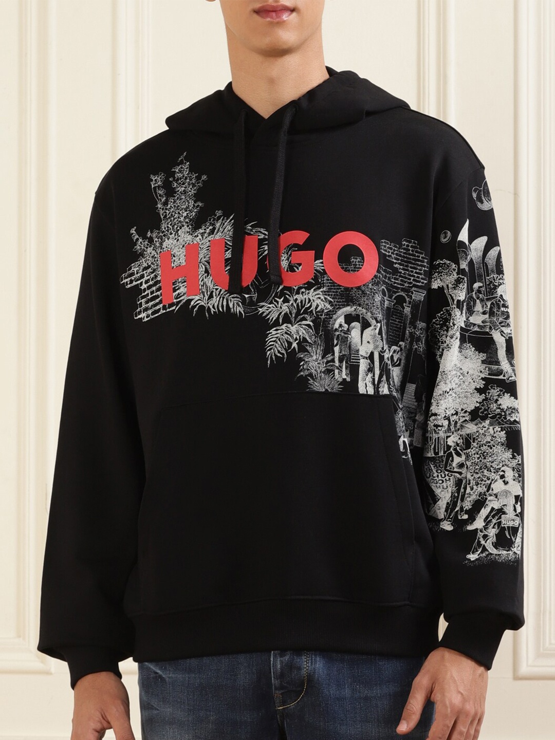 

HUGO Brand Logo Printed Cotton Pullover Sweatshirt, Black