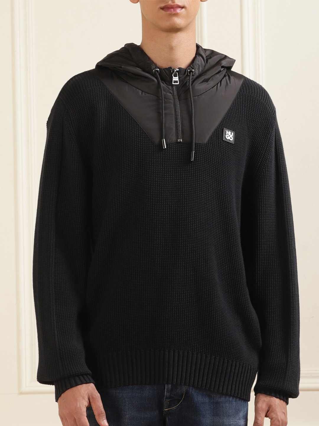 

HUGO Hooded Half Zipper Cotton Sweatshirt, Black