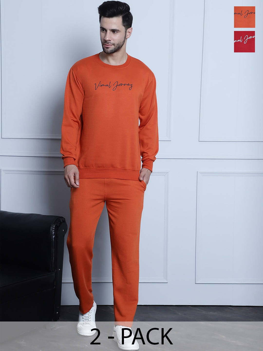 

VIMAL JONNEY Pack Of 2 Printed Cotton Fleece Tracksuits, Red