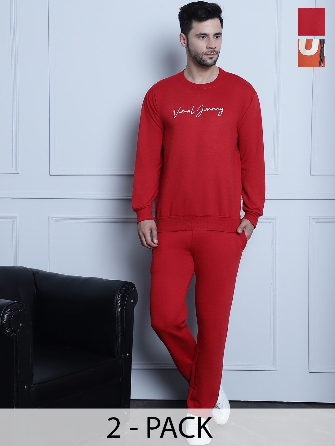 

VIMAL JONNEY Pack Of 2 Typography Printed Cotton Fleece Tracksuits, Red