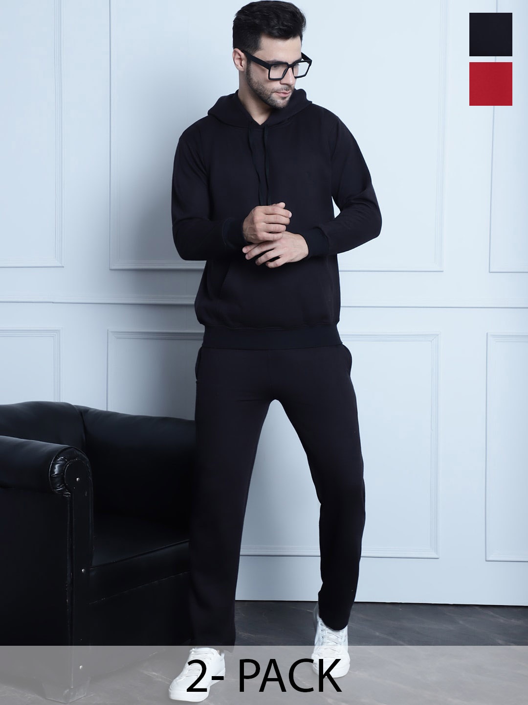 

VIMAL JONNEY Pack Of 2 Typography Printed Hooded Cotton Fleece Tracksuits, Black