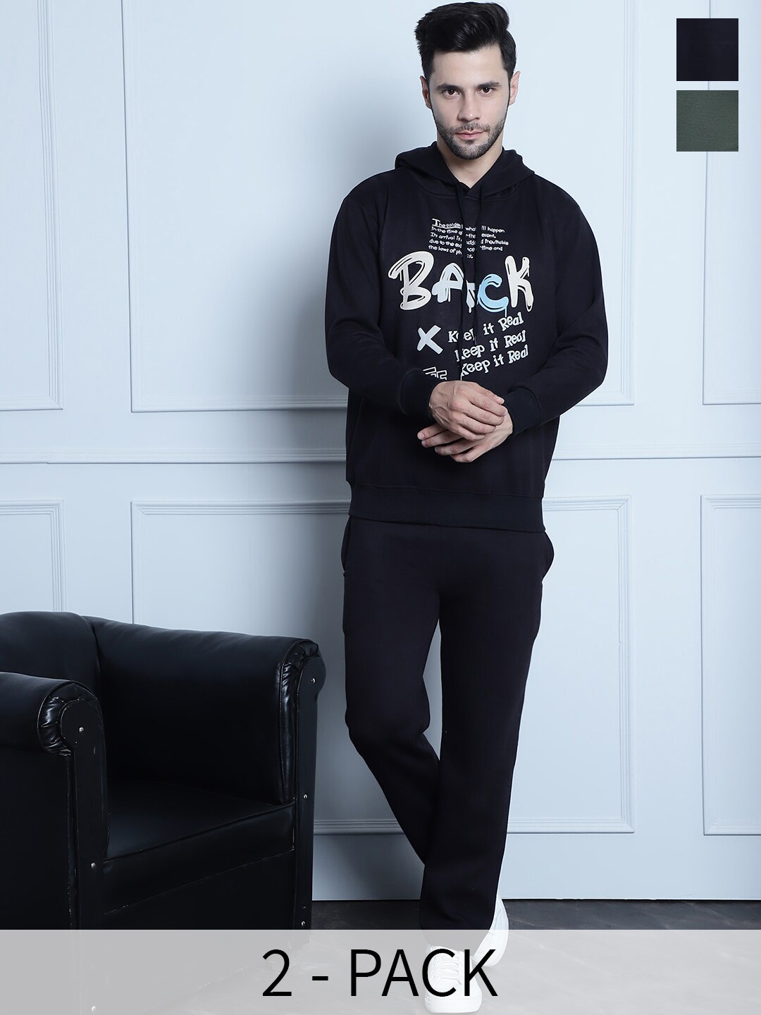 

VIMAL JONNEY Pack Of 2 Typography Printed Hooded Cotton Fleece Tracksuits, Black