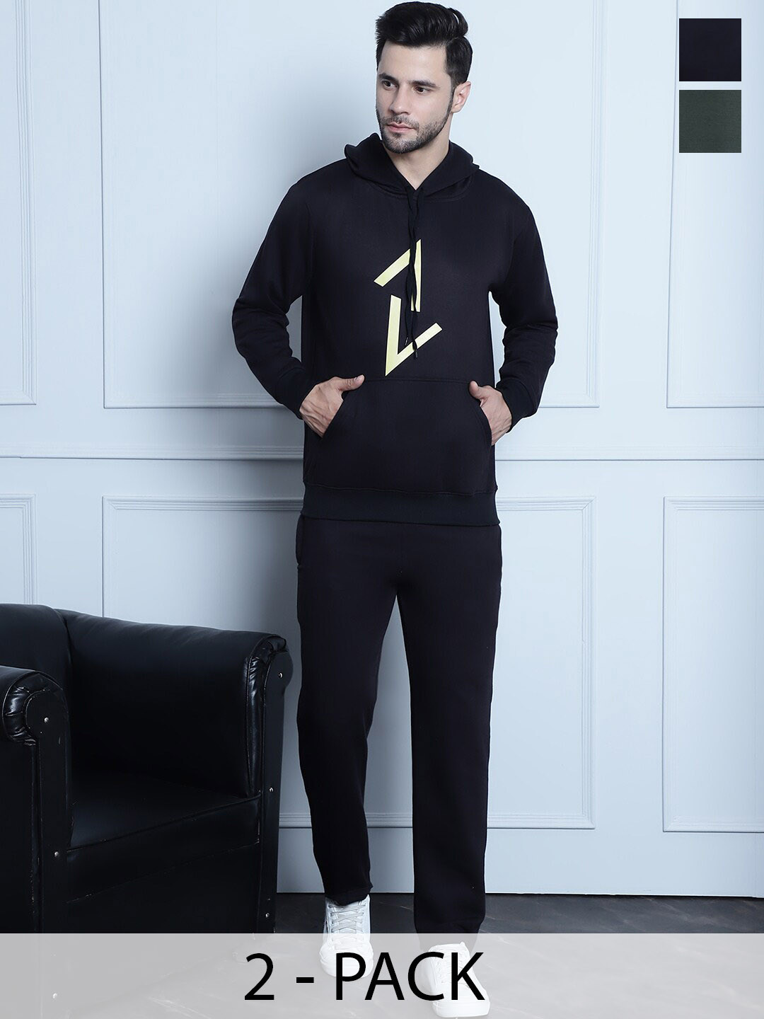 

VIMAL JONNEY Pack Of 2 Printed Cotton Fleece Tracksuits, Black