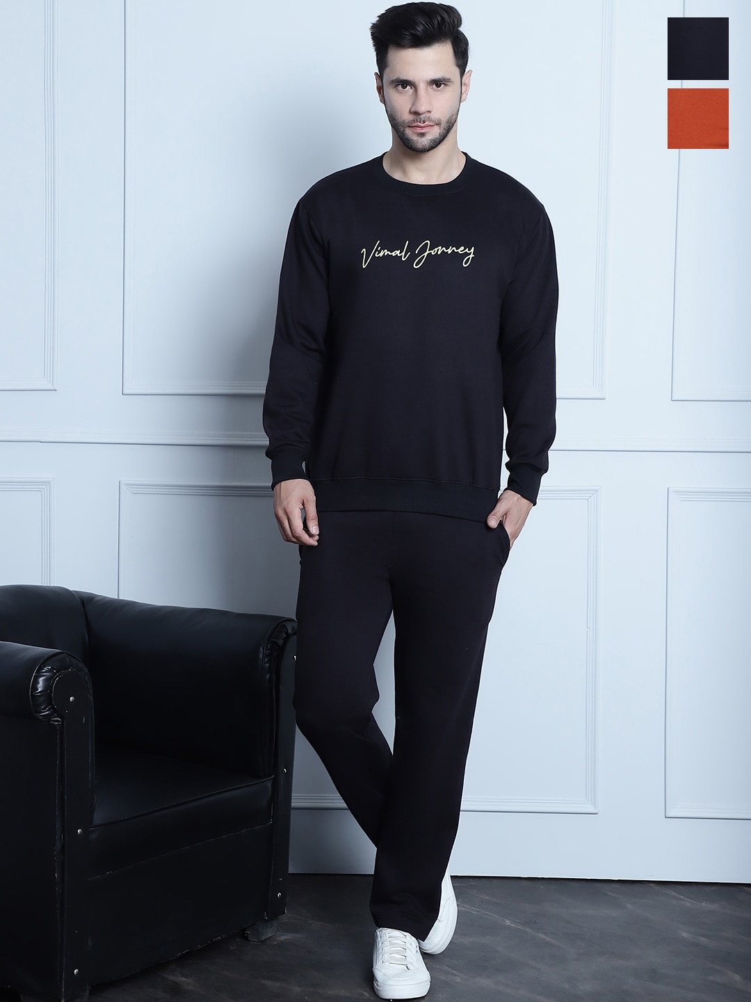 

VIMAL JONNEY Pack Of 2 Typography Printed Cotton Fleece Tracksuits, Black
