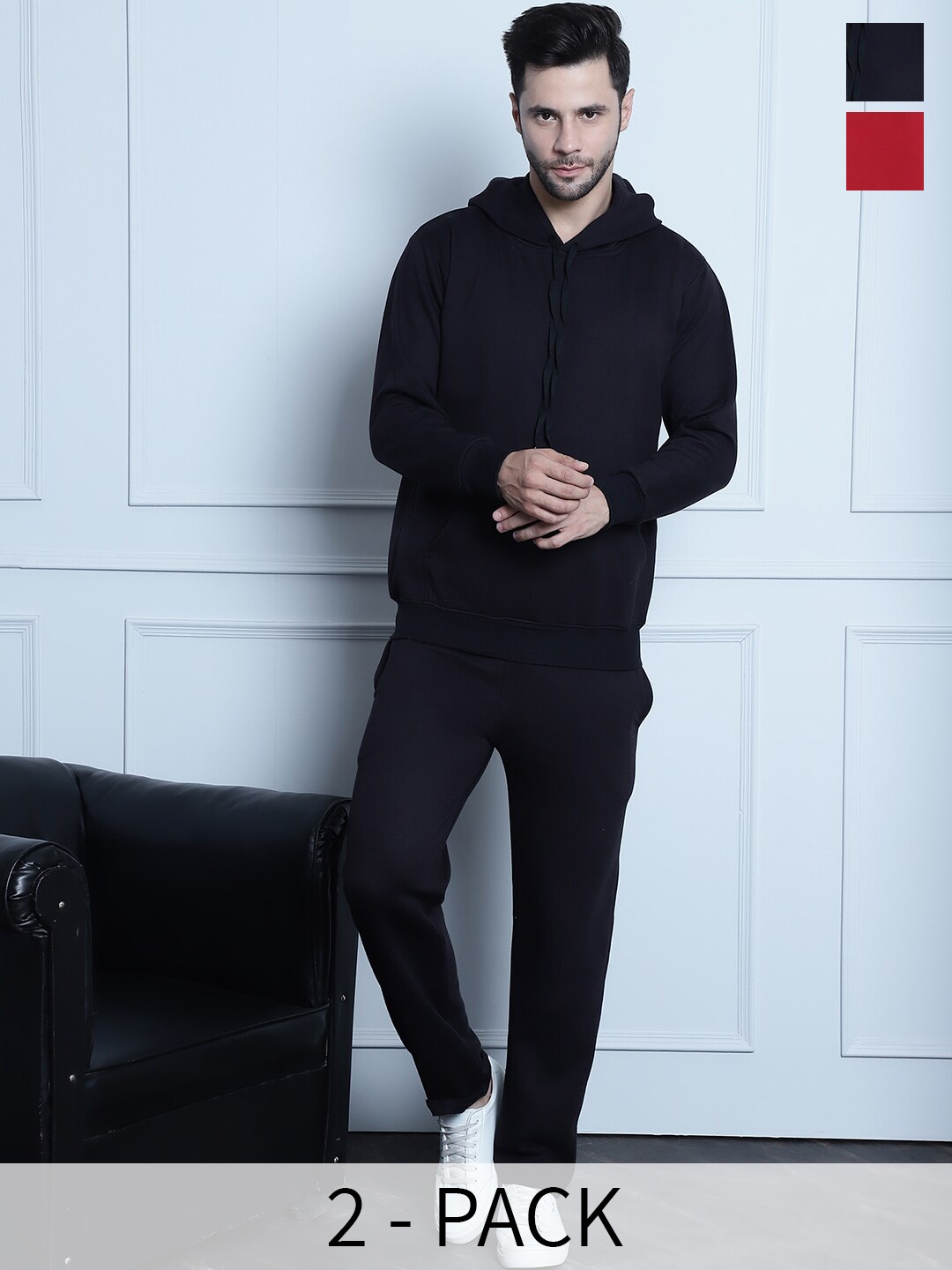

VIMAL JONNEY Pack Of 2 Typography Printed Cotton Fleece Tracksuits, Black