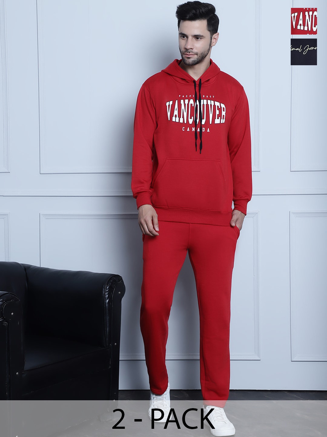 

VIMAL JONNEY Pack Of 2 Typography Printed Cotton Fleece Tracksuits, Red