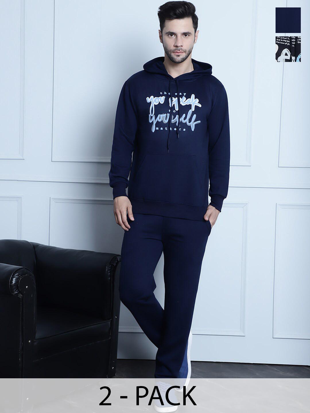 

VIMAL JONNEY Pack Of 2 Printed Hooded Fleece Cotton Tracksuits, Navy blue