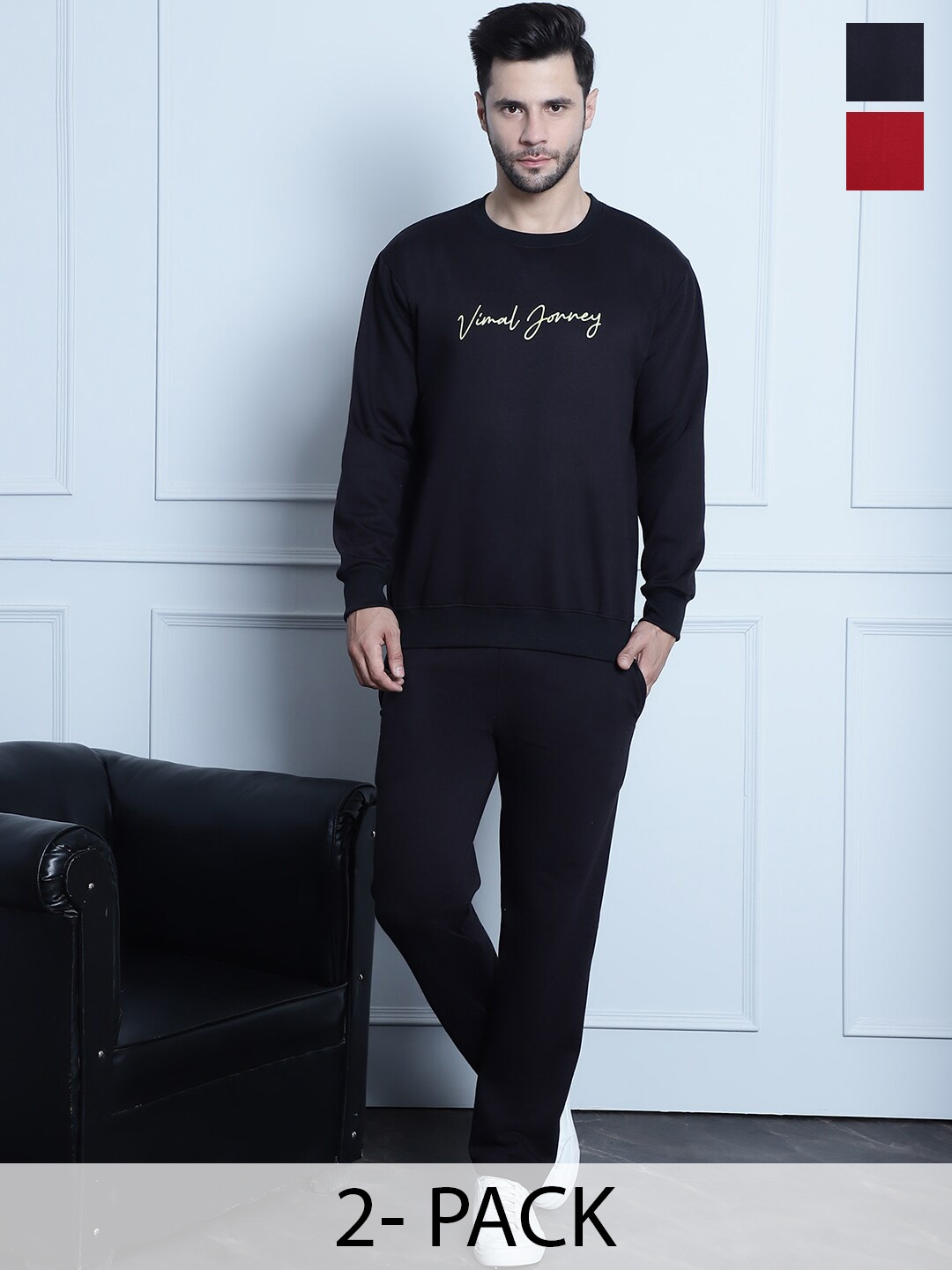

VIMAL JONNEY Pack Of 2 Typography Printed Tracksuits, Black