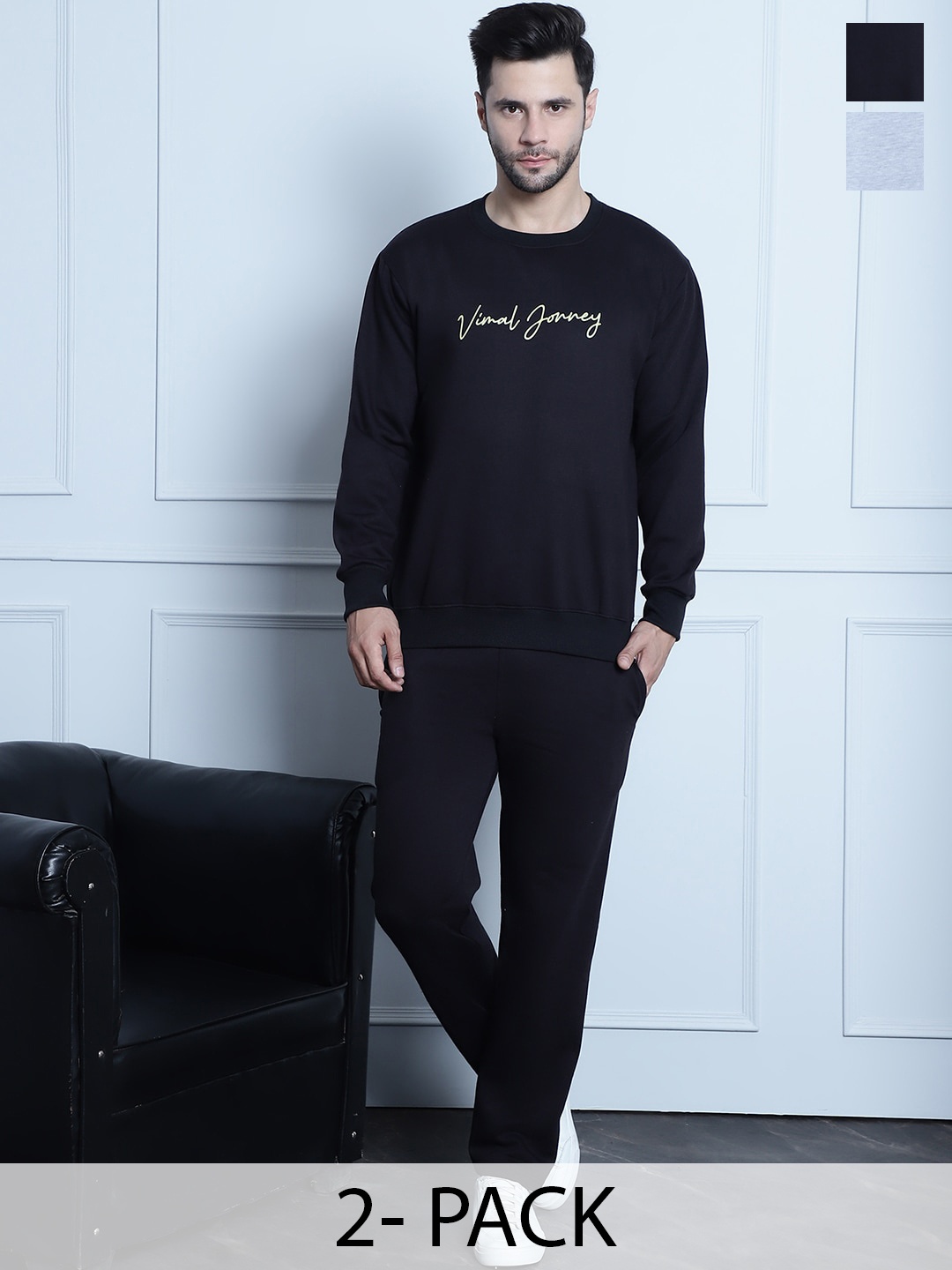 

VIMAL JONNEY Pack Of 2 Printed Round Neck Fleece Cotton Tracksuits, Navy blue