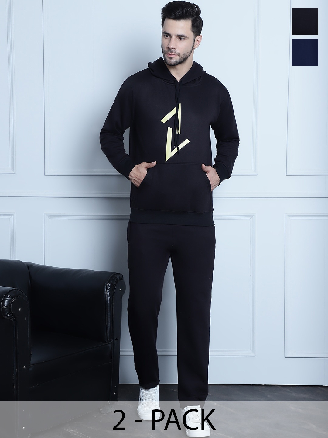 VIMAL JONNEY Pack Of 2 Geometric Printed Hooded Cotton Fleece Tracksuits, Black