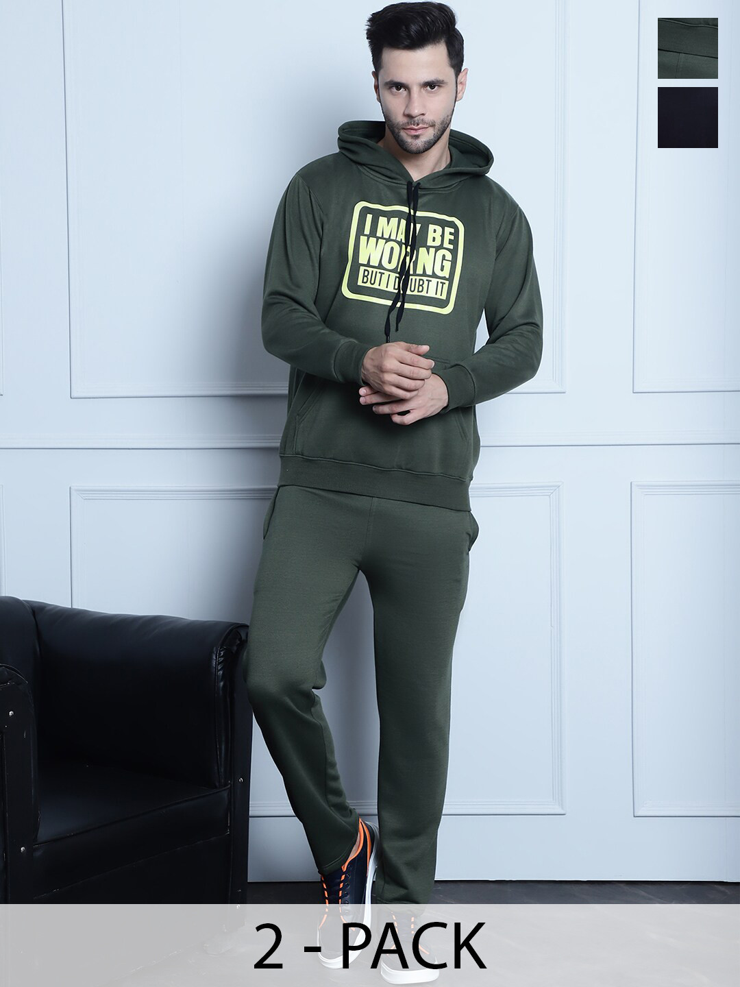 

VIMAL JONNEY Pack Of 2 Printed Hooded Fleece Cotton Tracksuits, Green