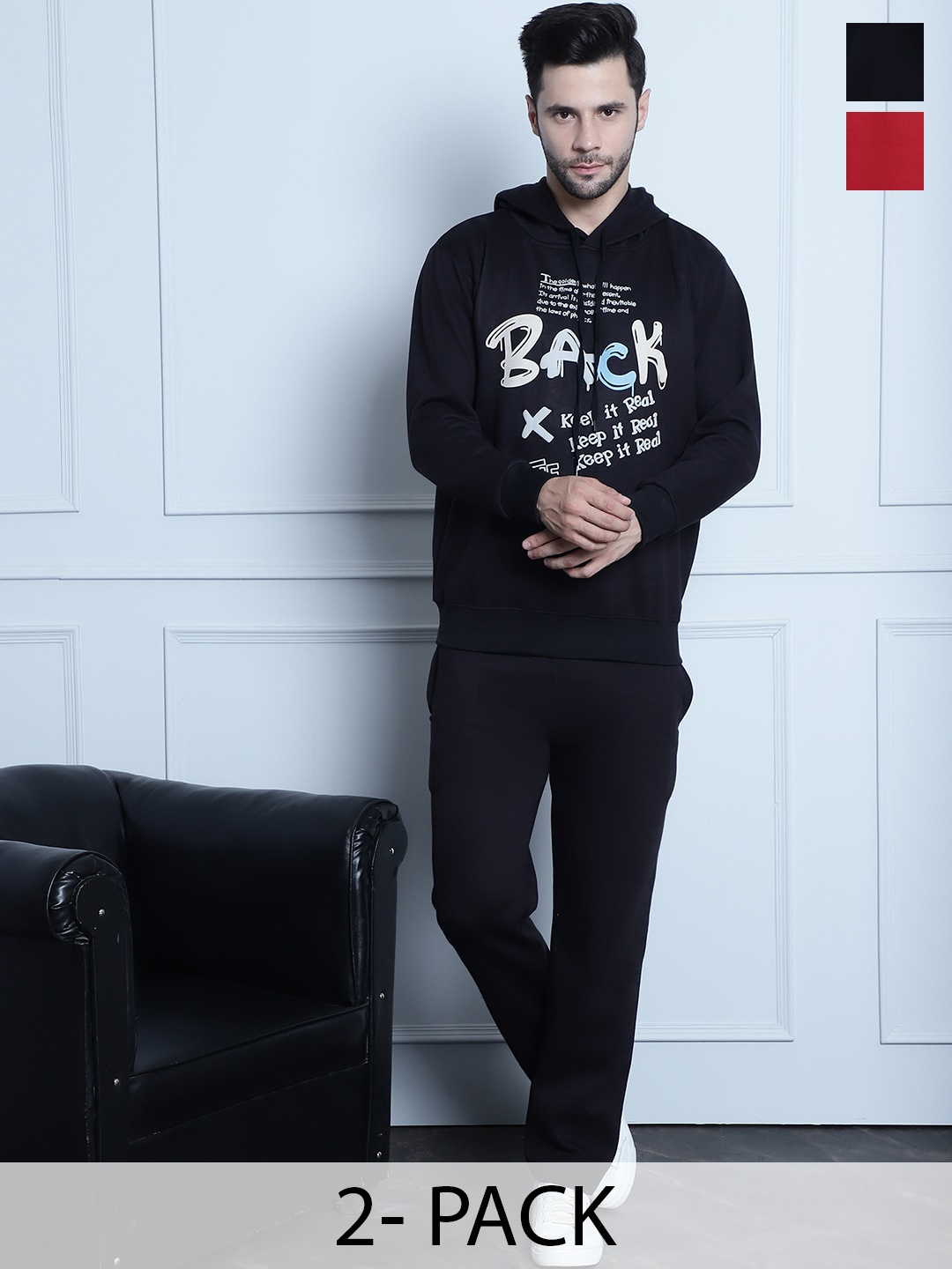 

VIMAL JONNEY Pack Of 2 Typography Printed Hooded Cotton Fleece Tracksuits, Black