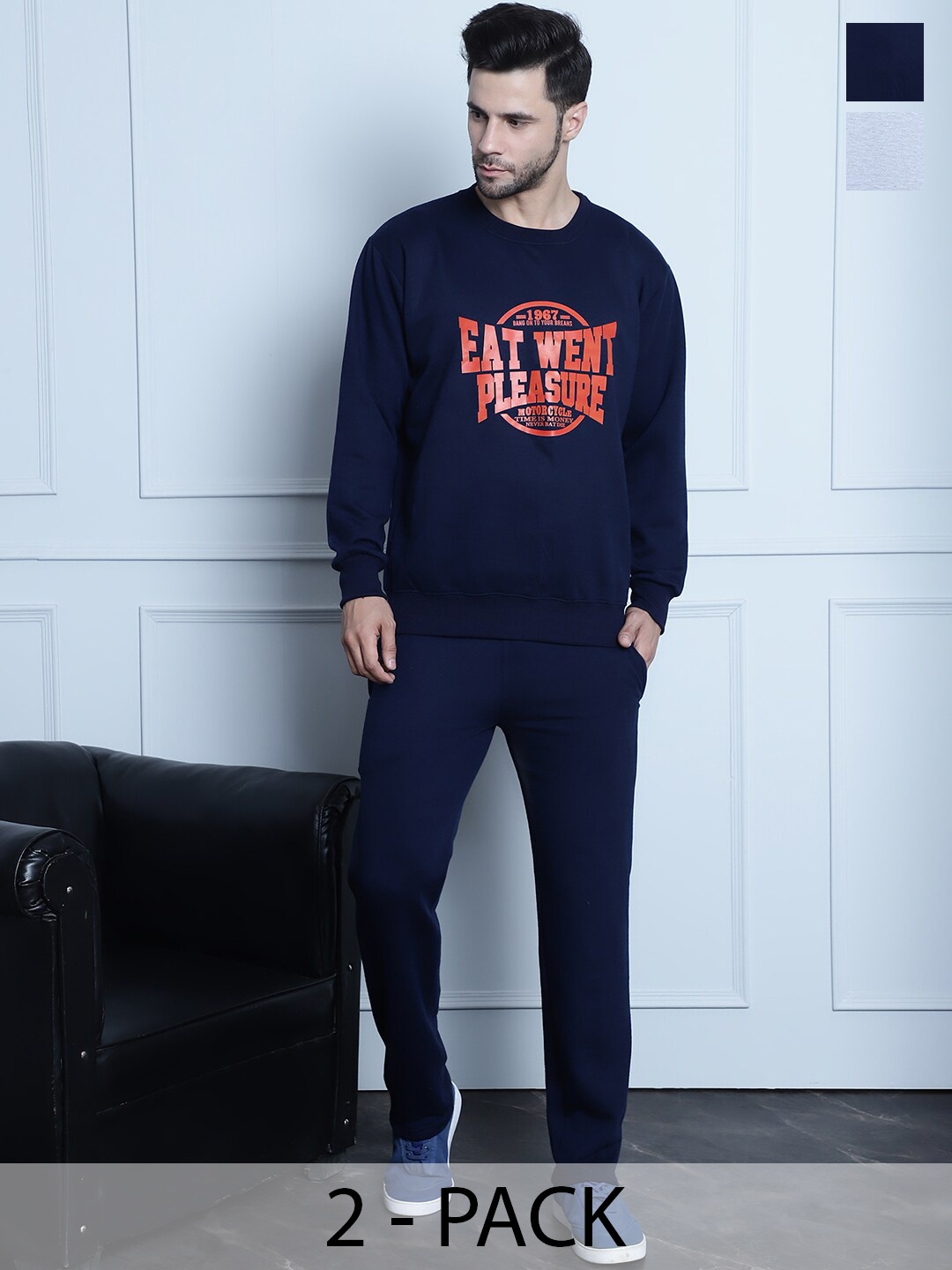 

VIMAL JONNEY Pack Of 2 Typography Printed Cotton Fleece Tracksuits, Grey