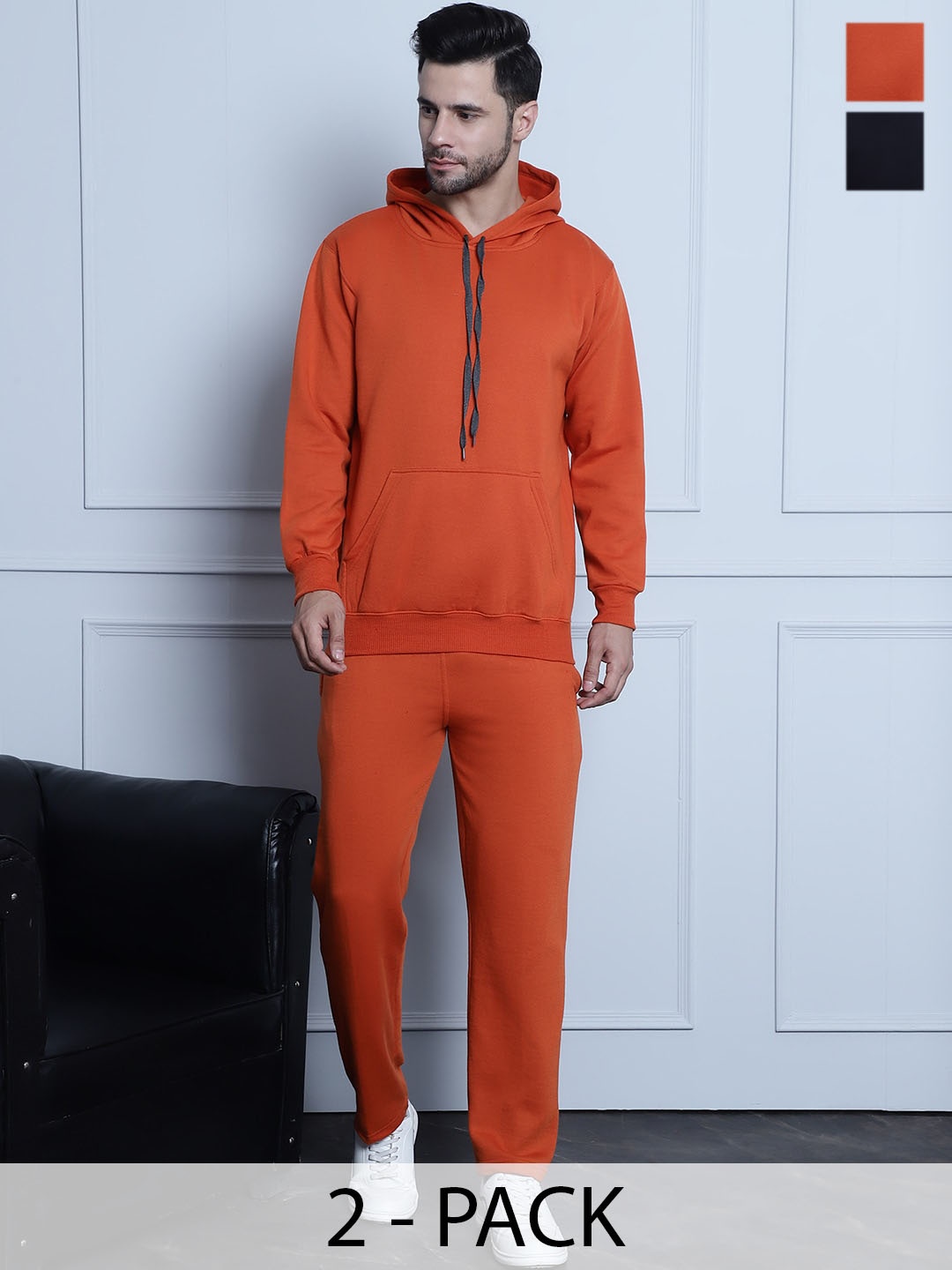 

VIMAL JONNEY Pack Of 2 Graphic Printed Hooded Cotton Fleece Tracksuits, Orange