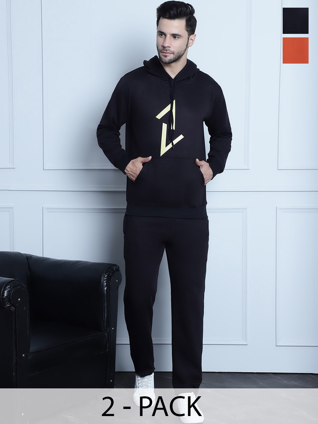 VIMAL JONNEY Pack Of 2 Graphic Printed Hooded Cotton Fleece Tracksuits, Black