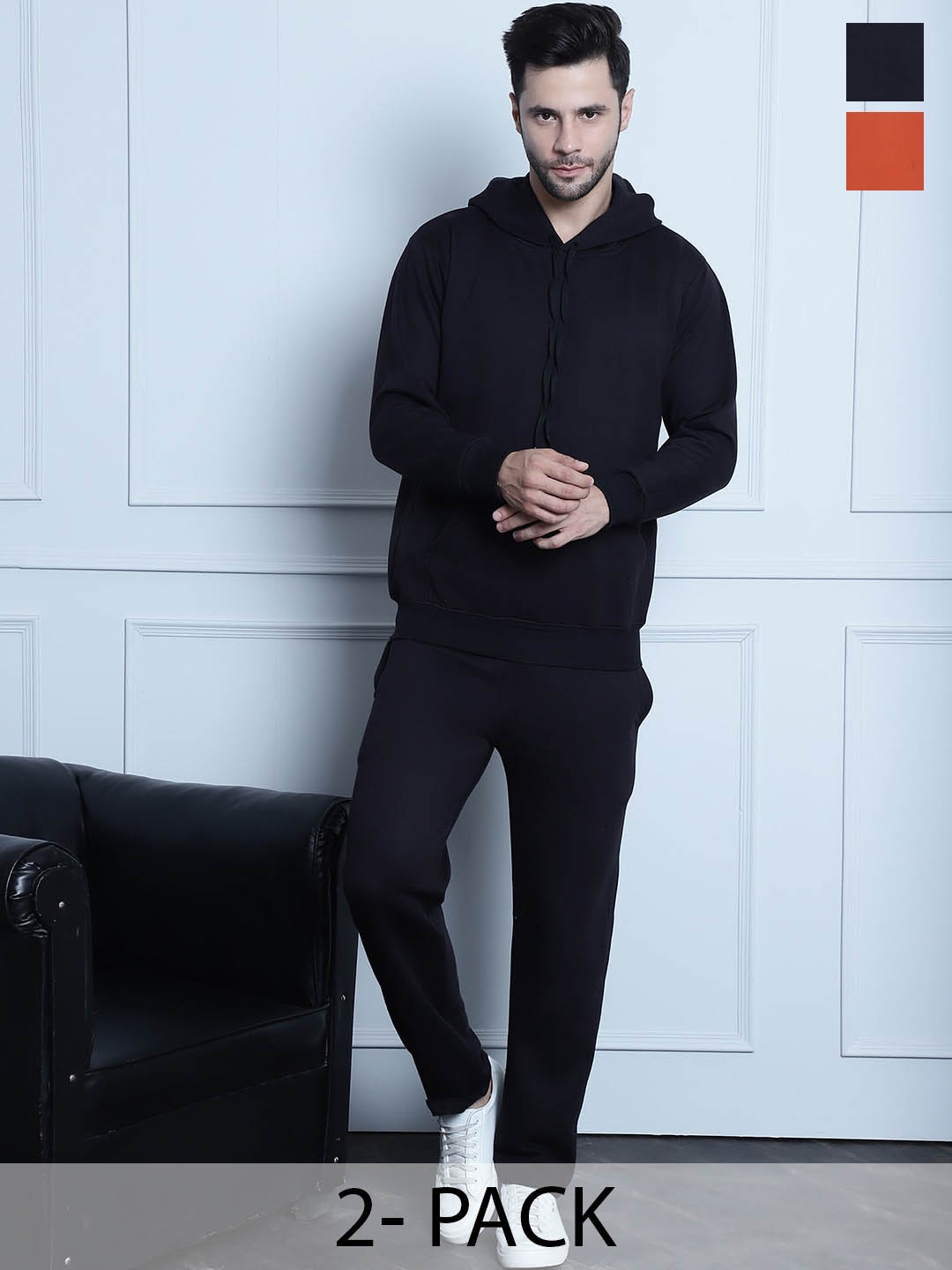 

VIMAL JONNEY Pack Of 2 Typography Printed Hooded Cotton Fleece Tracksuits, Black