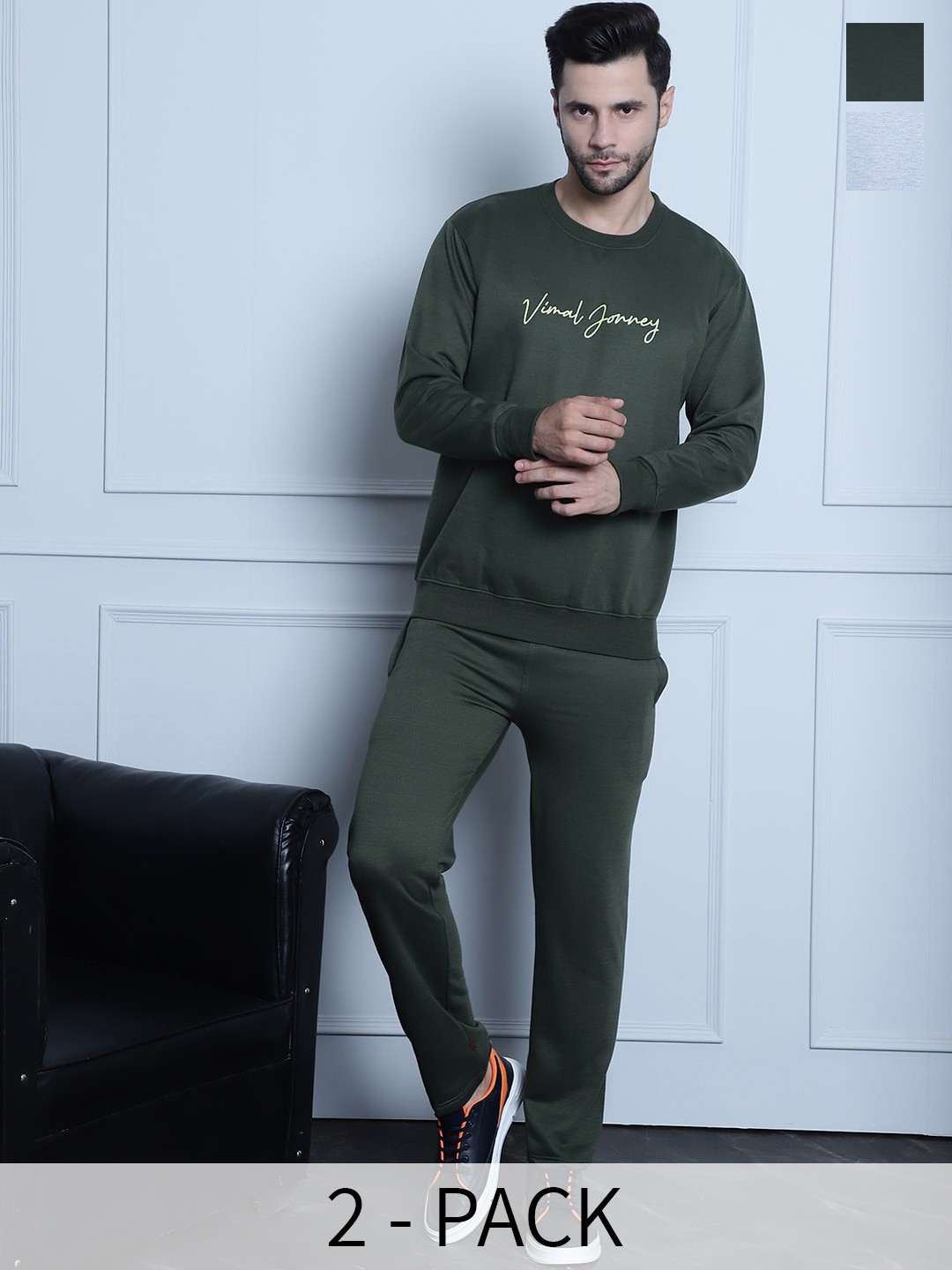 

VIMAL JONNEY Pack Of 2 Brand Logo Printed Cotton Fleece Tracksuits, Green