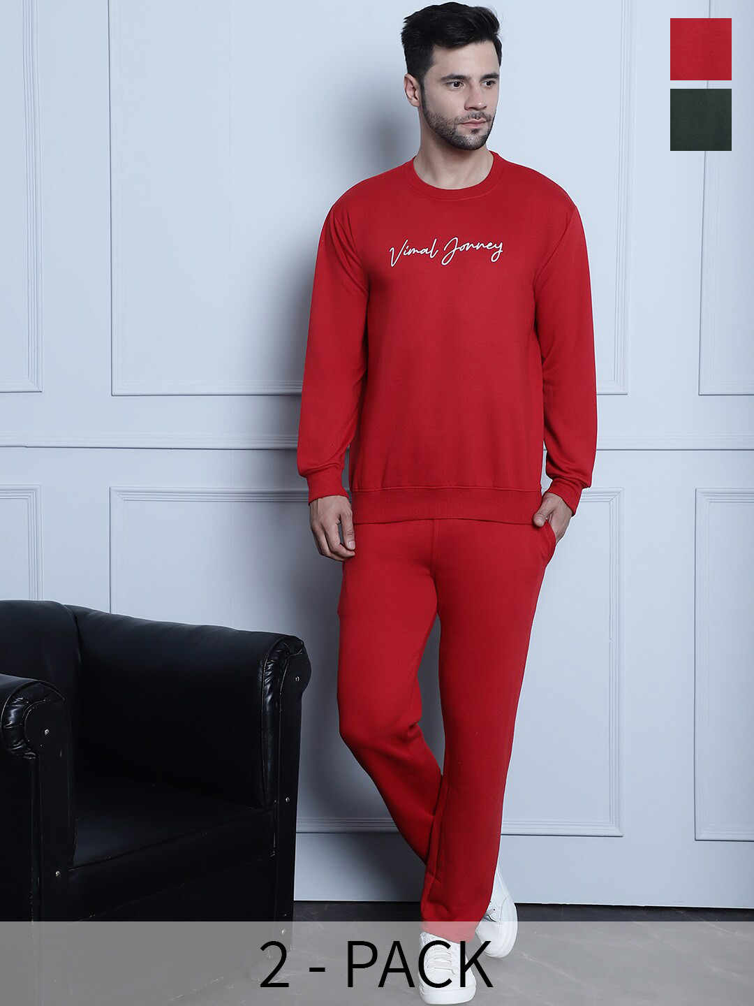 

VIMAL JONNEY Pack Of 2 Brand Logo Printed Cotton Fleece Tracksuits, Red