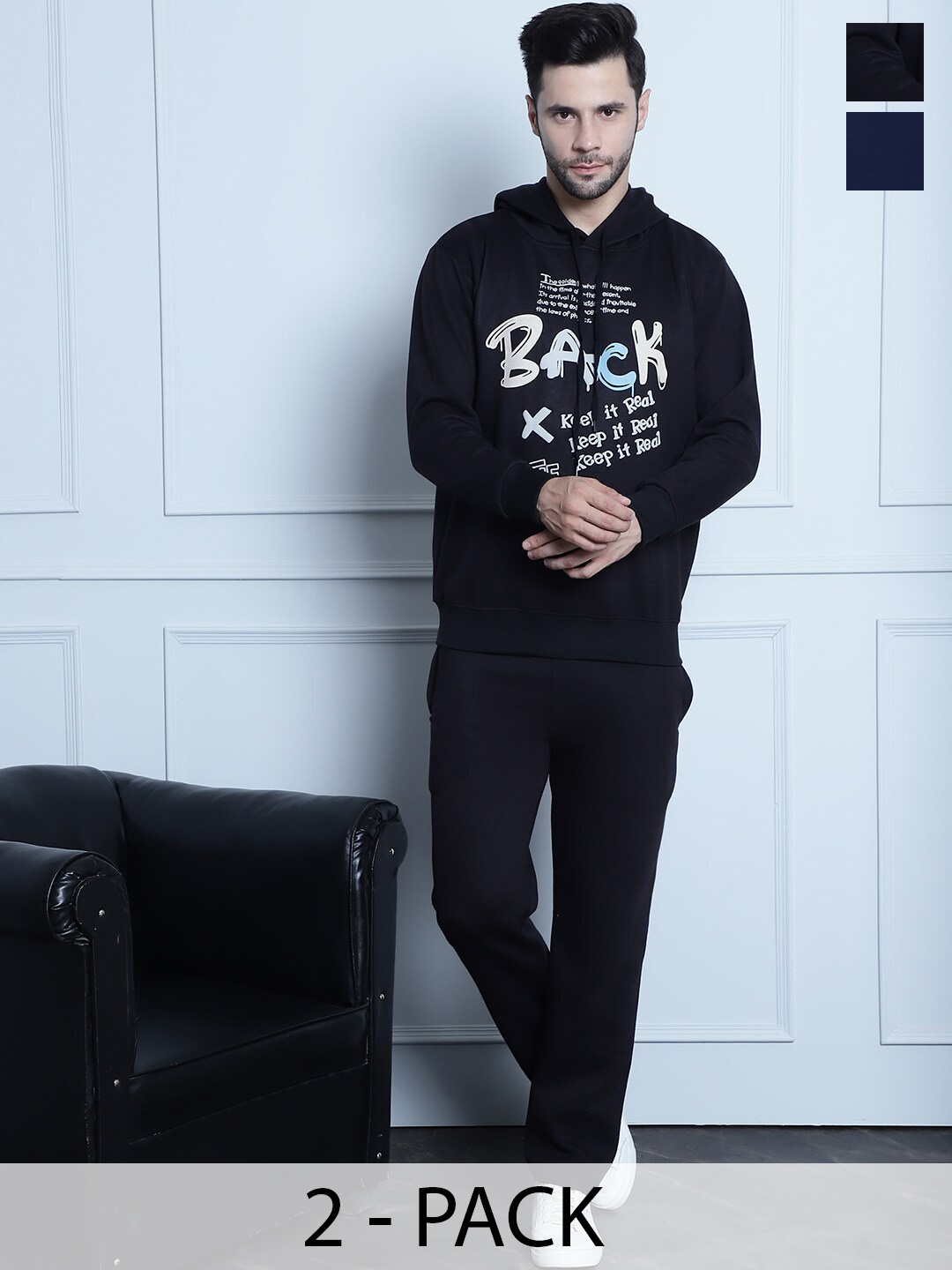 

VIMAL JONNEY Pack Of 2 Typography Printed Hooded Tracksuits, Black
