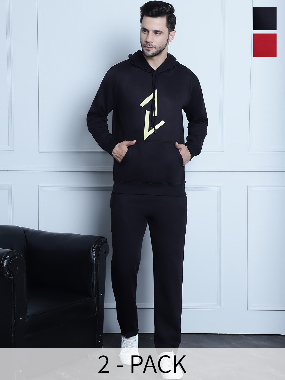 

VIMAL JONNEY Pack Of 2 Printed Hooded Fleece Cotton Tracksuits, Navy blue