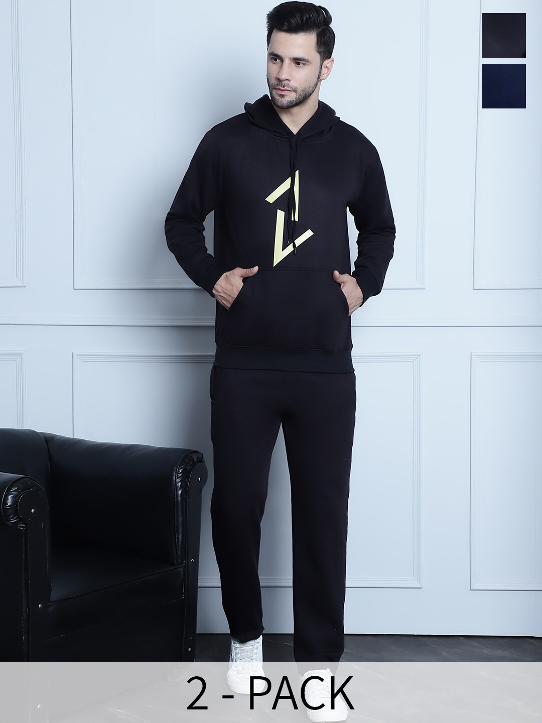 

VIMAL JONNEY Pack Of 2 Typography Printed Cotton Fleece Tracksuits, Navy blue