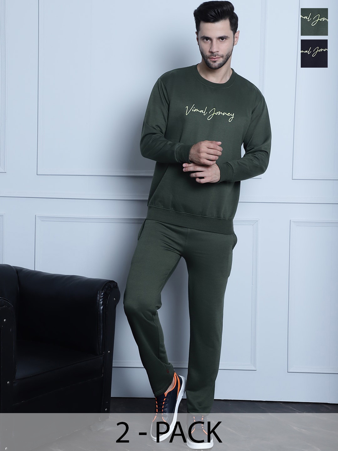 

VIMAL JONNEY Pack Of 2 Typography Printed Cotton Fleece Tracksuits, Navy blue