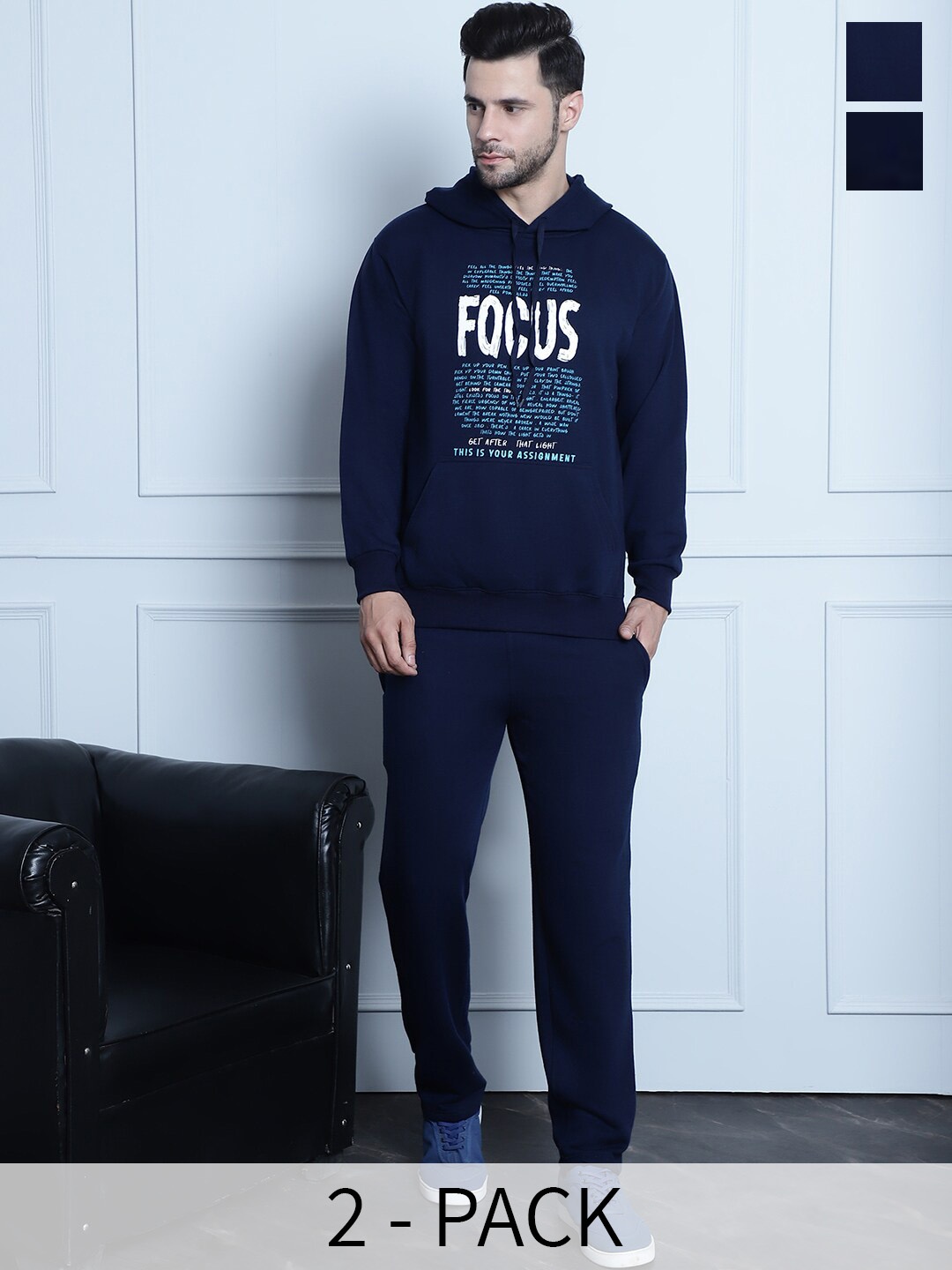 

VIMAL JONNEY Pack Of 2 Typography Printed Cotton Fleece Tracksuits, Navy blue