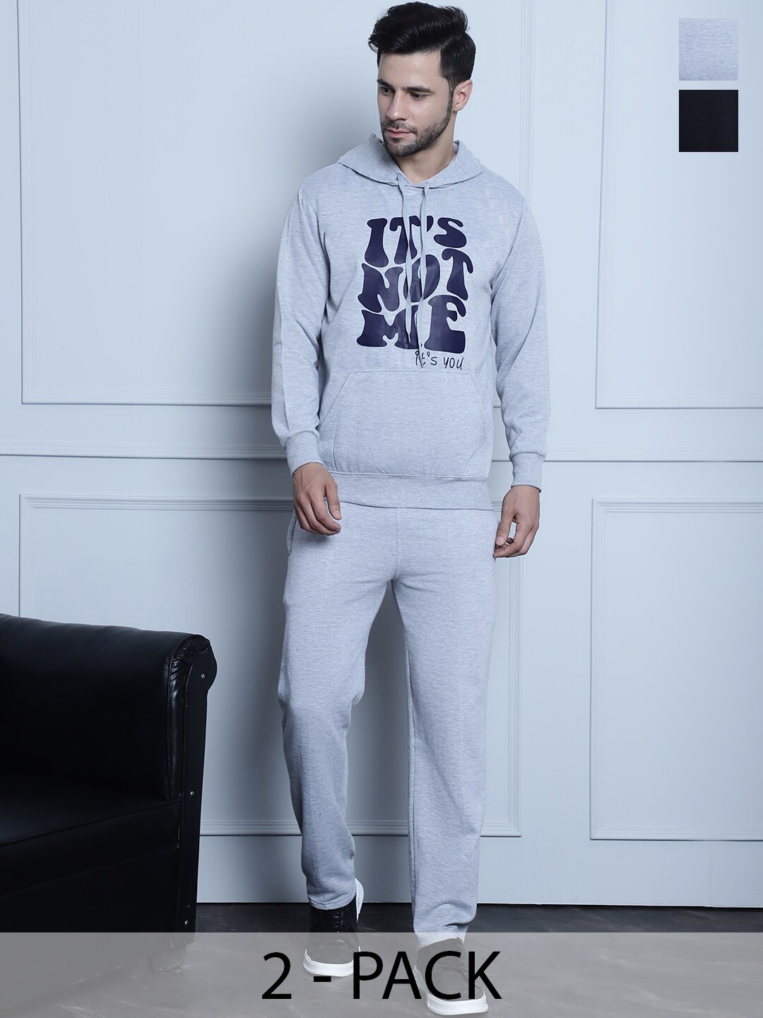 

VIMAL JONNEY Pack Of 2 Typography Printed Cotton Fleece Tracksuits, Grey