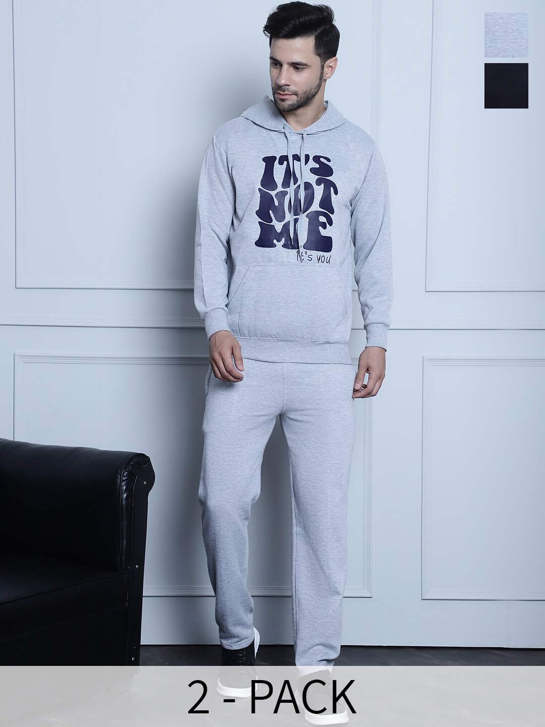

VIMAL JONNEY Pack Of 2 Typography Printed Hooded Cotton Fleece Tracksuits, Blue