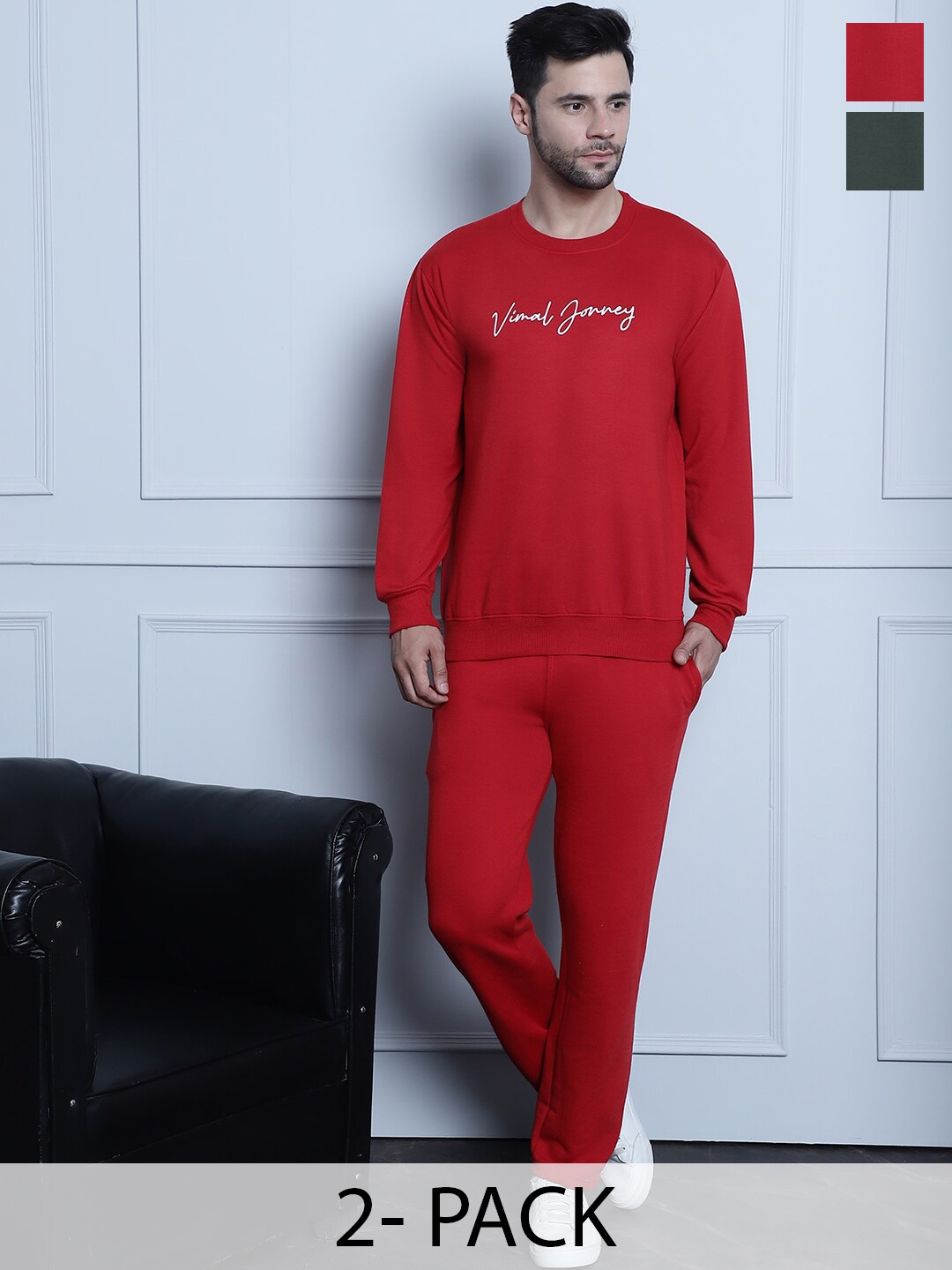 

VIMAL JONNEY Pack Of 2 Printed Round Neck Fleece Cotton Tracksuits, Red